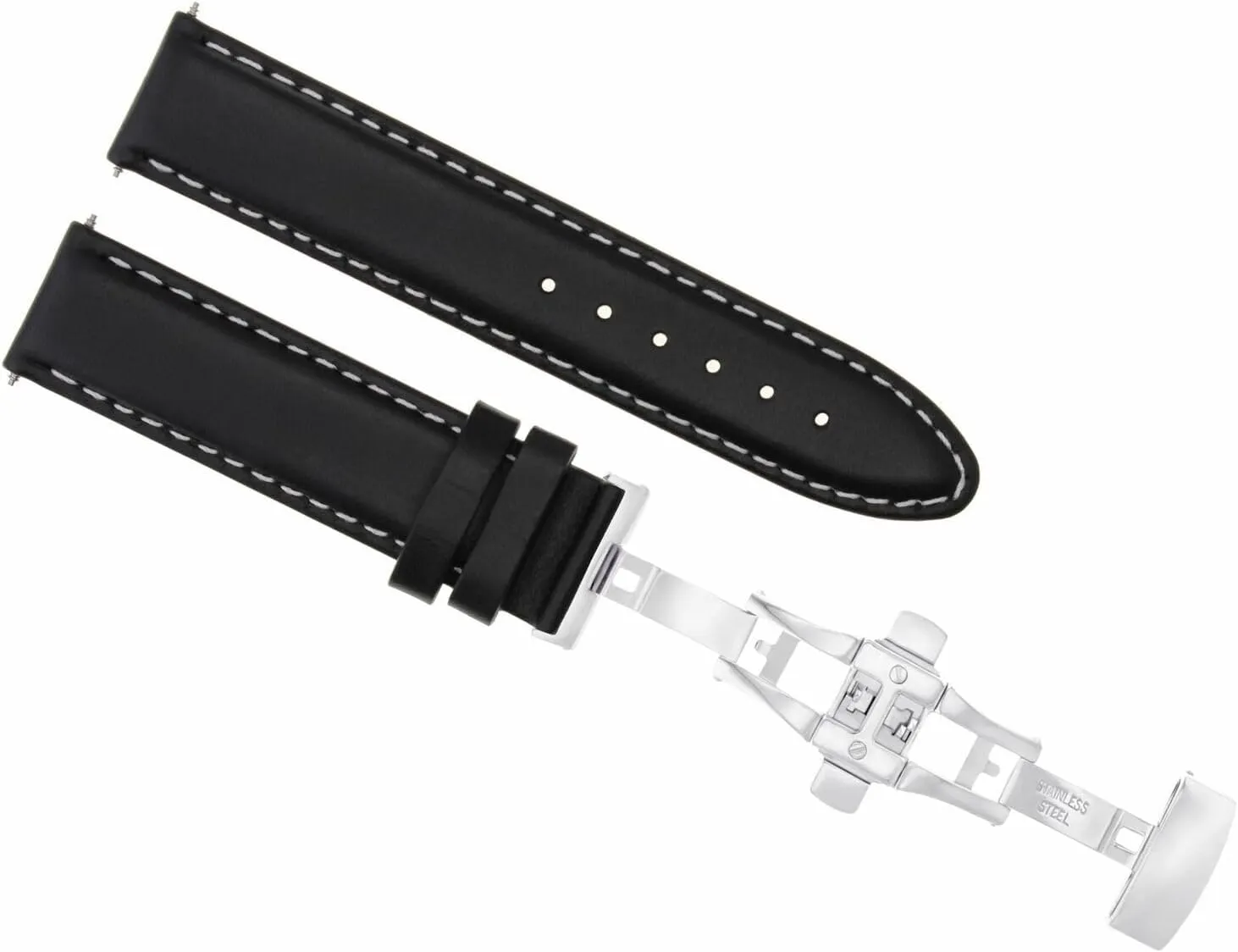 Ewatchparts 22mm Smooth Leather Watch Band Strap Deployment Buckle Compatible With Breguet Black With White Stitching