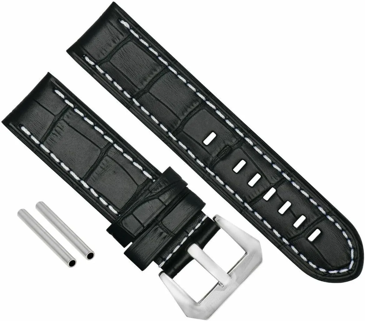 Ewatchparts Big 24mm Leather Watch Band Strap Compatible With Breitling Bentley A253652D Colt Black With White Stitching