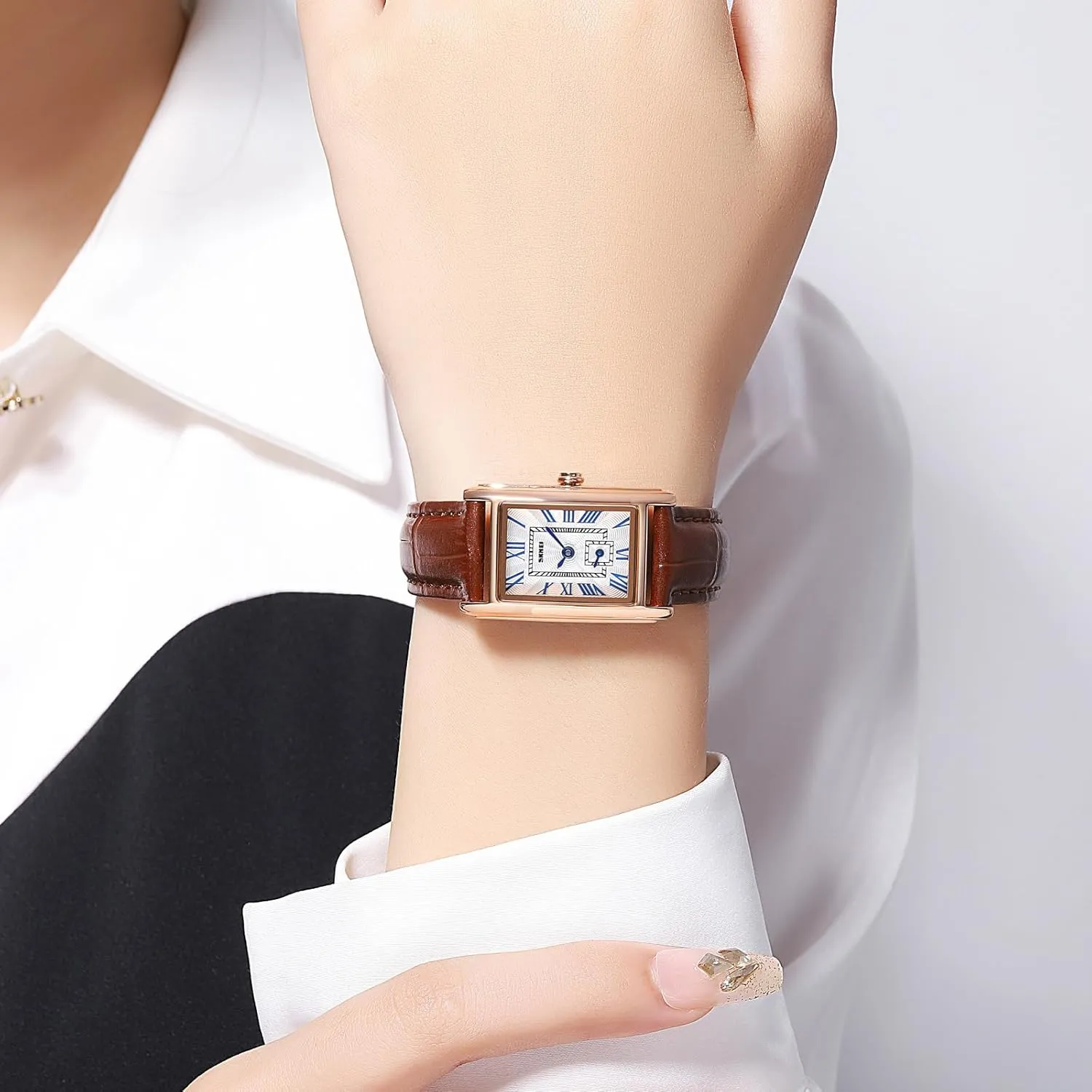 FANMIS Vintage Women's Rectangle Wrist Watch Classic Ladies Analog Quartz Watch Ultra-Thin Ladies Bangle Bracelet Watch Female Business Dress Watch with Leather Strap