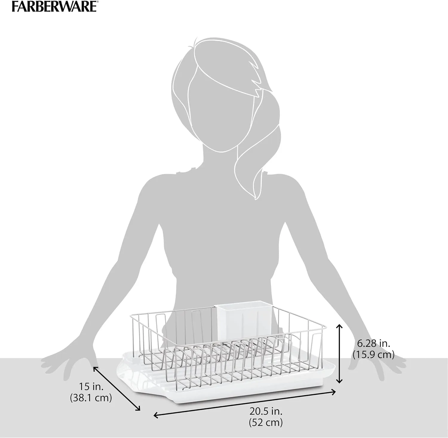 Farberware Classic Large Rust Resistant Full Dishrack with Removable 3 Compartment Flatware Caddy, Andlged Drain Board, 3-Piece, White