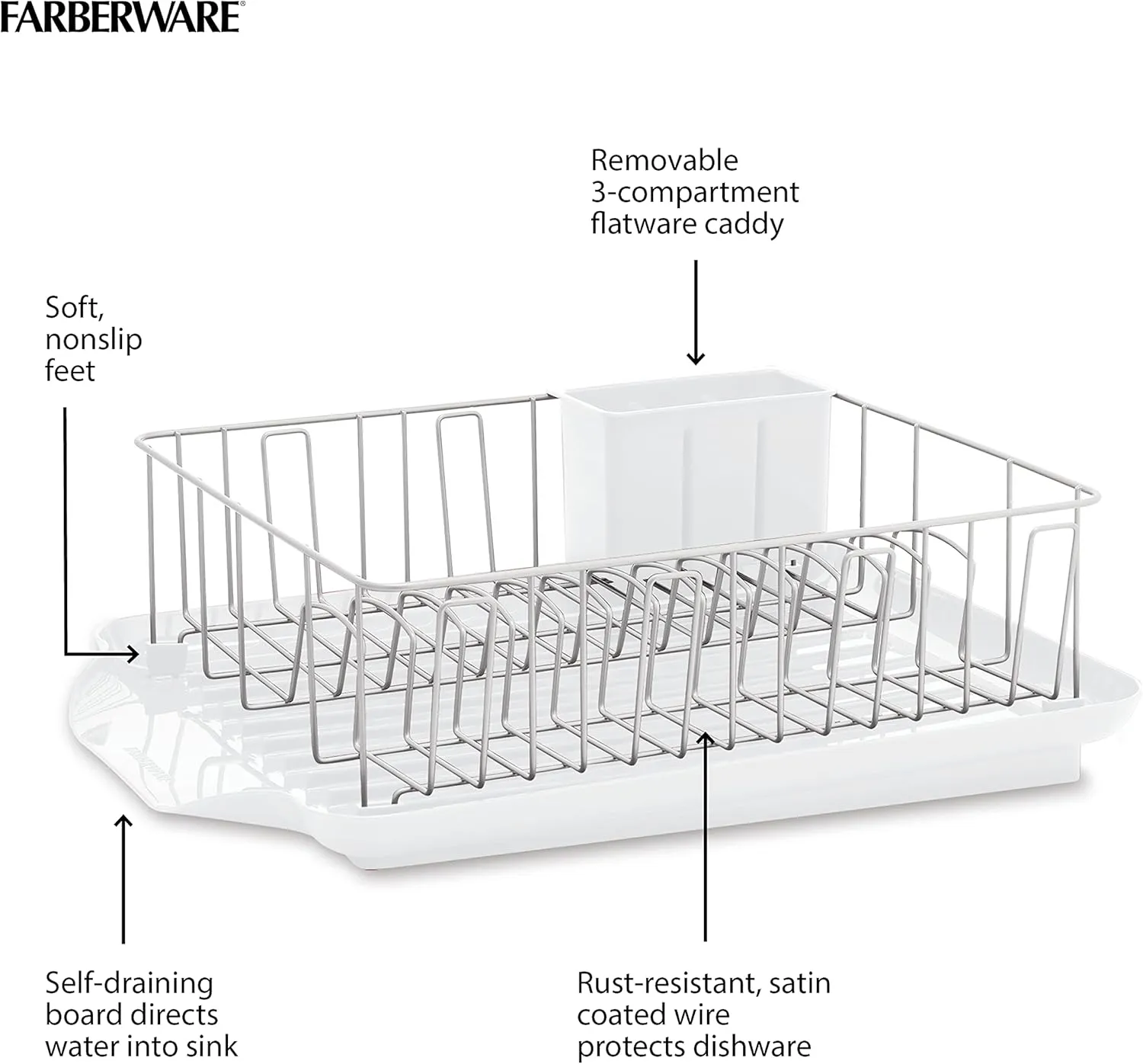 Farberware Classic Large Rust Resistant Full Dishrack with Removable 3 Compartment Flatware Caddy, Andlged Drain Board, 3-Piece, White