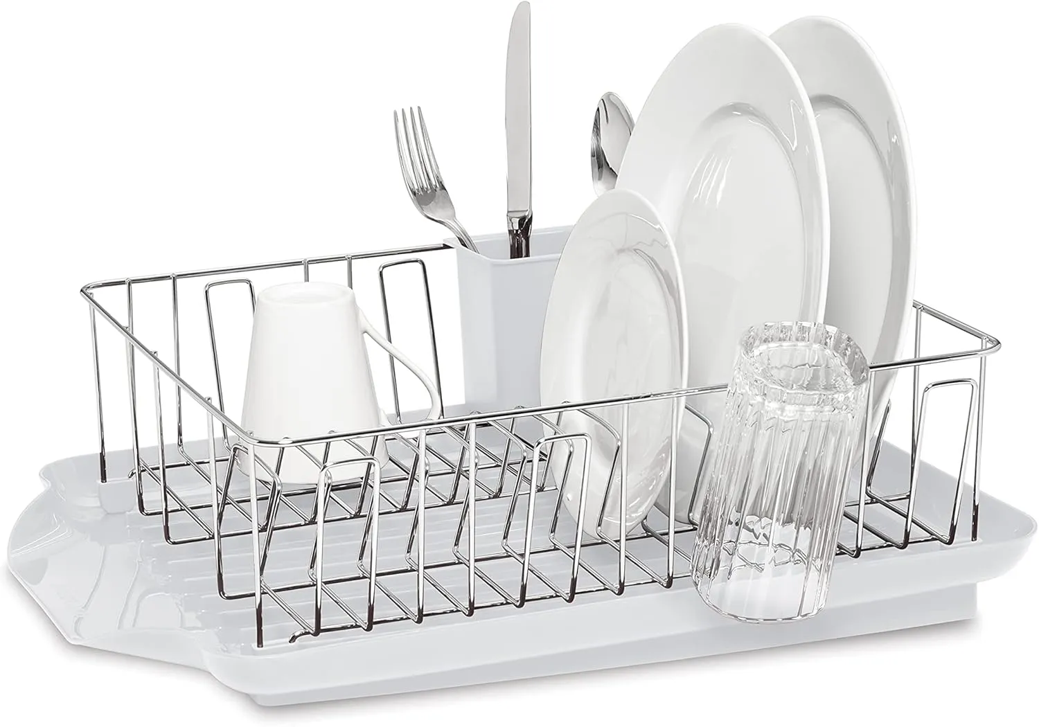 Farberware Classic Large Rust Resistant Full Dishrack with Removable 3 Compartment Flatware Caddy, Andlged Drain Board, 3-Piece, White