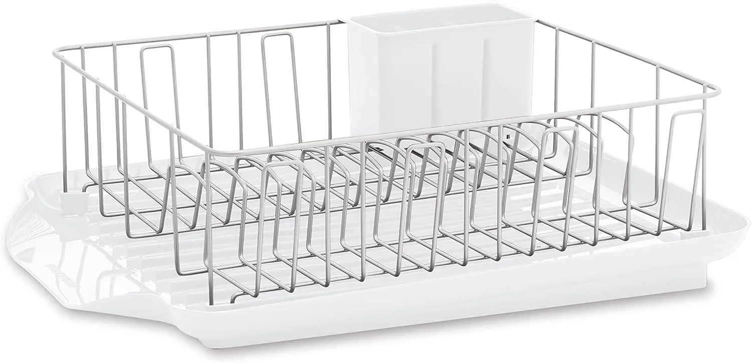 Farberware Classic Large Rust Resistant Full Dishrack with Removable 3 Compartment Flatware Caddy, Andlged Drain Board, 3-Piece, White