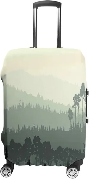 Fashion Suitcase Protector, Apartment Decor Elastic Travel Luggage Cover, Panorama of Valley and Misty Forest of Pine Trees, Fits 22-24 Inch Luggage, Great For Vacation Travel, Sage Green
