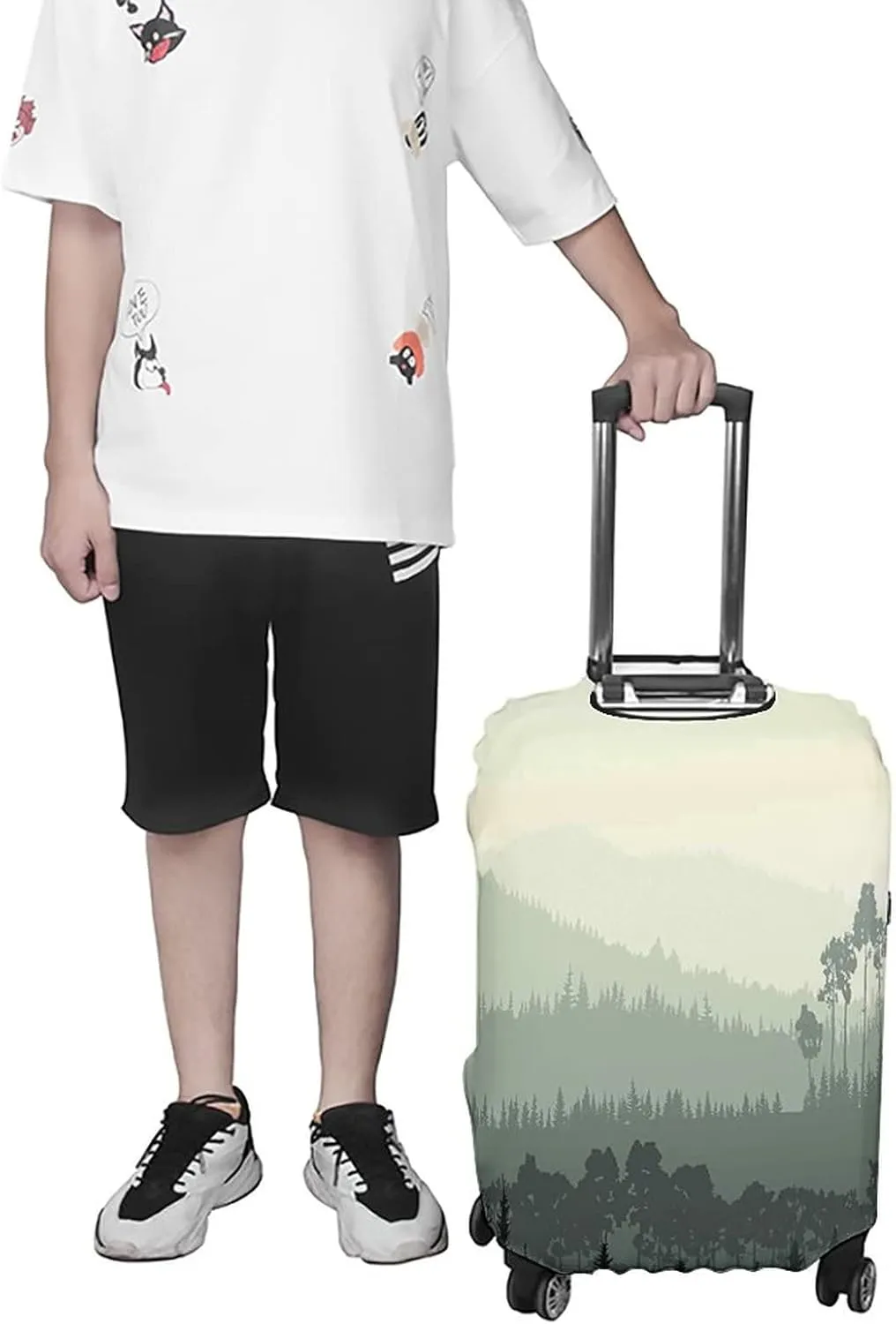 Fashion Suitcase Protector, Apartment Decor Elastic Travel Luggage Cover, Panorama of Valley and Misty Forest of Pine Trees, Fits 22-24 Inch Luggage, Great For Vacation Travel, Sage Green