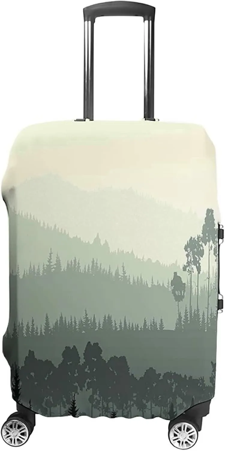 Fashion Suitcase Protector, Apartment Decor Elastic Travel Luggage Cover, Panorama of Valley and Misty Forest of Pine Trees, Fits 22-24 Inch Luggage, Great For Vacation Travel, Sage Green