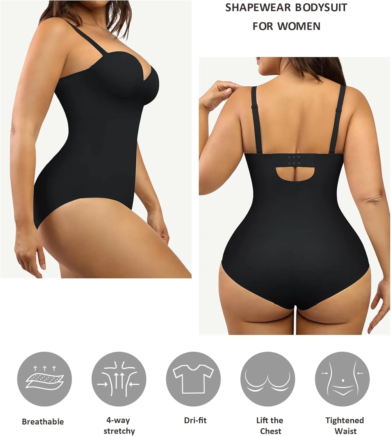 FeelinGirl Shapewear Bodysuit for Women Tummy Control Body Shaper Seamless Shapewear Cupped with Removable Straps