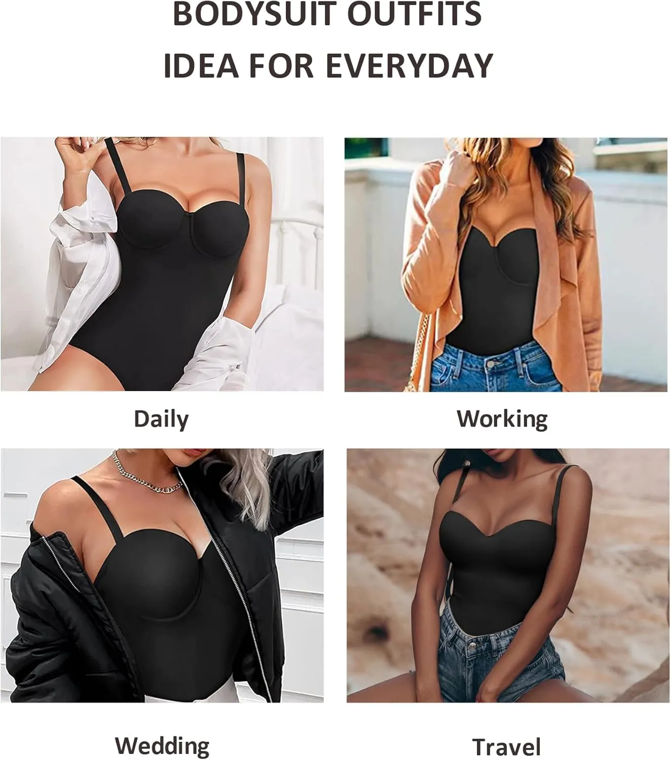 FeelinGirl Shapewear Bodysuit for Women Tummy Control Body Shaper Seamless Shapewear Cupped with Removable Straps