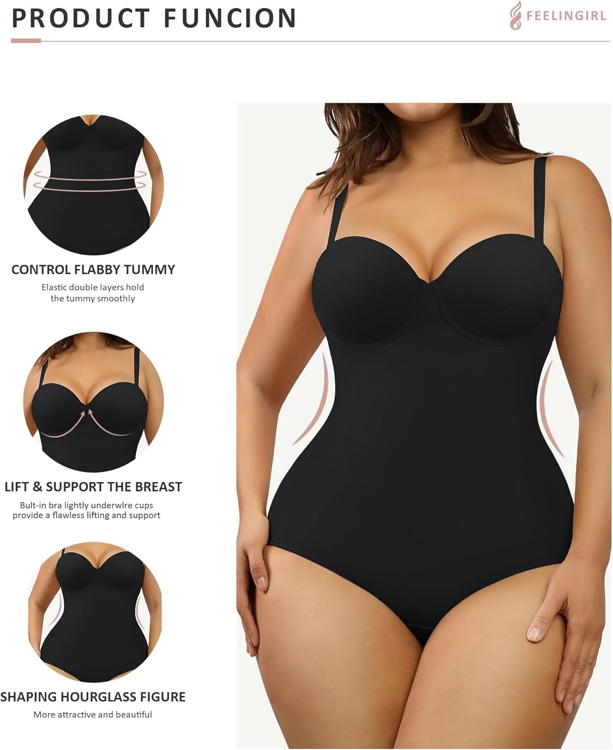 FeelinGirl Shapewear Bodysuit for Women Tummy Control Body Shaper Seamless Shapewear Cupped with Removable Straps