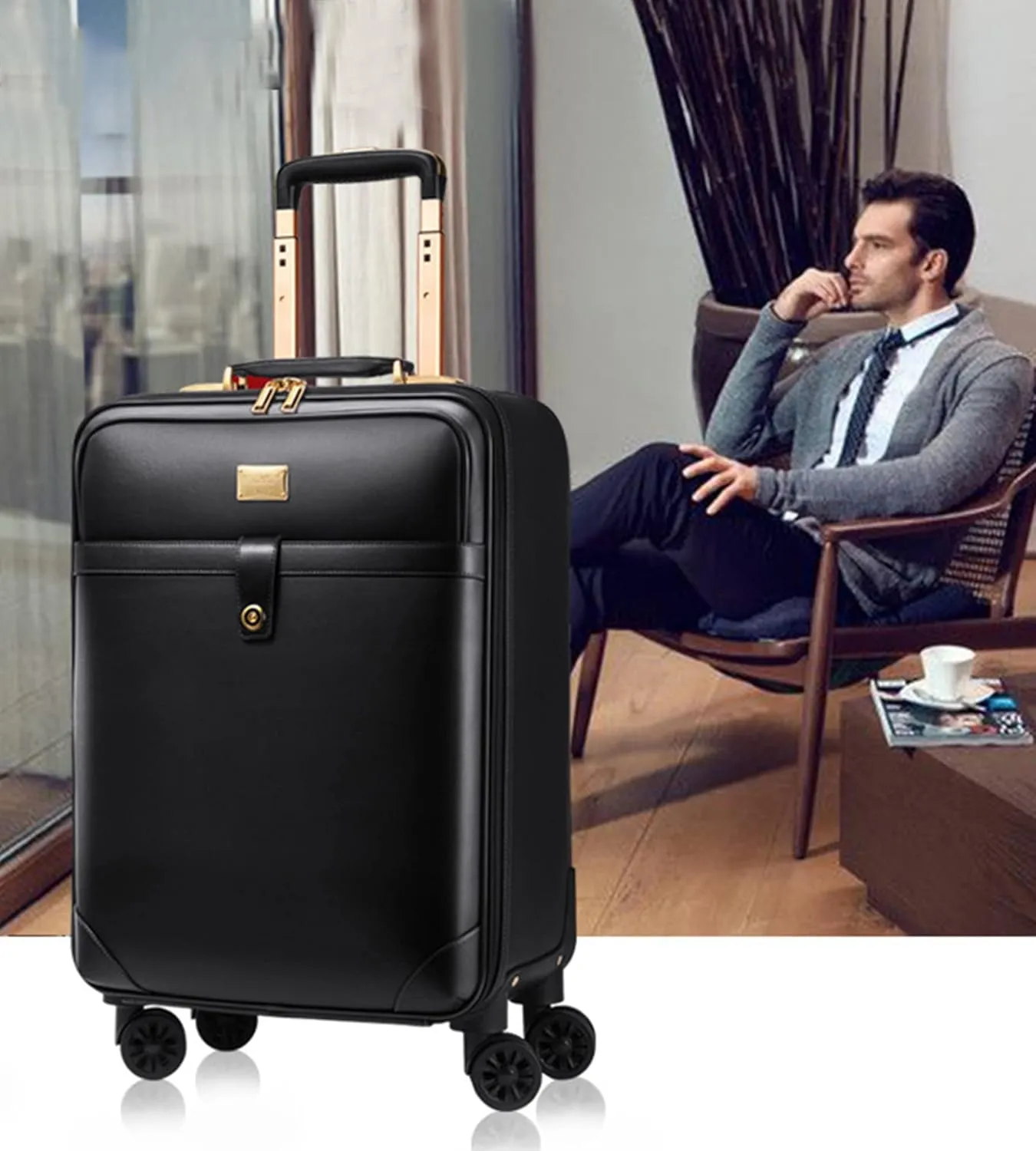 feilario 2Pcs Leather Business Spinner Wheel Luggage Waterproof Carry-On Suitcase with TSA Lock - Capacity 36-55L