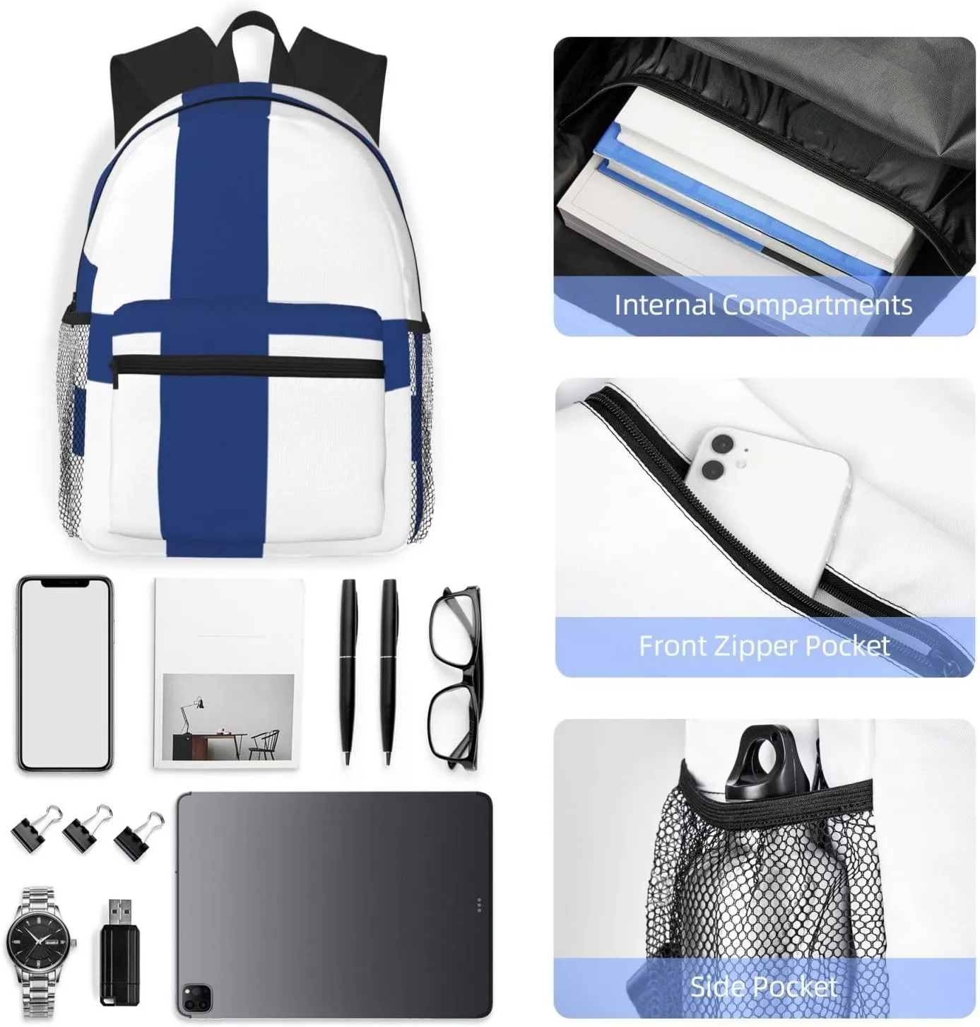 Finnish Flag Men Women Office Laptop Backpack,Work Bag 15.7 Inch Business Travel Bags Large Capacity