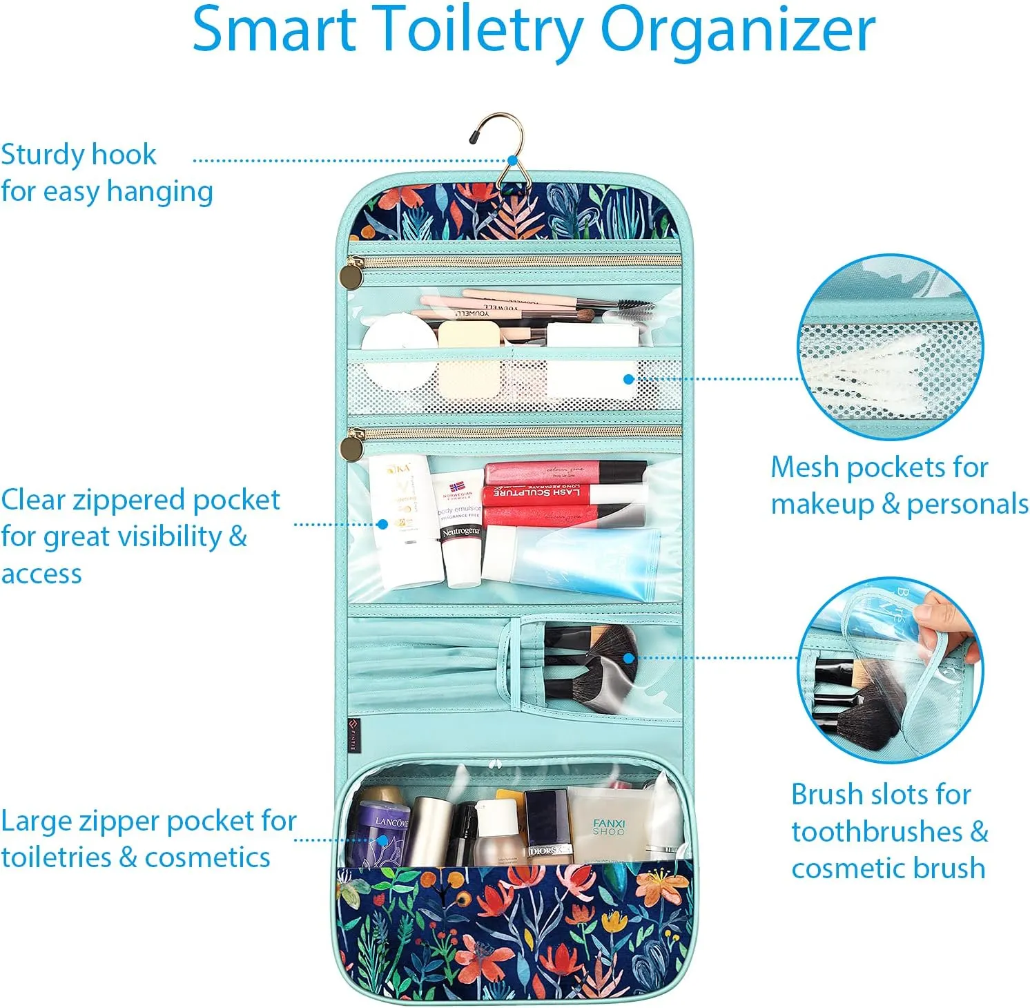 FINTIE Portable Toiletry Cosmetic Travel Bag, Large Water Resistant Hanging Makeup Organizer Storage Pouch Case for Women Girls (Jungle Night)