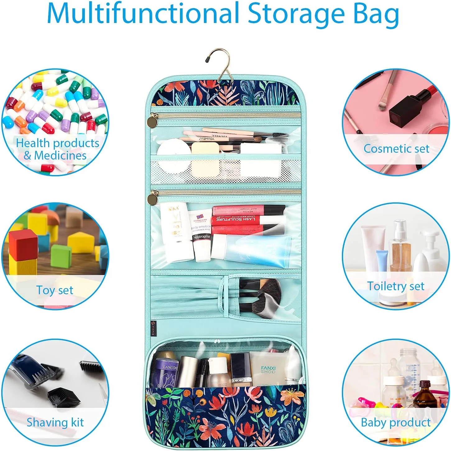 FINTIE Portable Toiletry Cosmetic Travel Bag, Large Water Resistant Hanging Makeup Organizer Storage Pouch Case for Women Girls (Jungle Night)