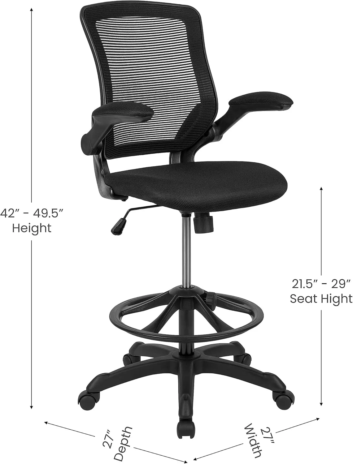 Flash Furniture Kale Mid-Back Swivel Office Chair with Adjustable Foot Ring, Lumbar Support, and Seat Height, Ergonomic Mesh Executive Chair, Black