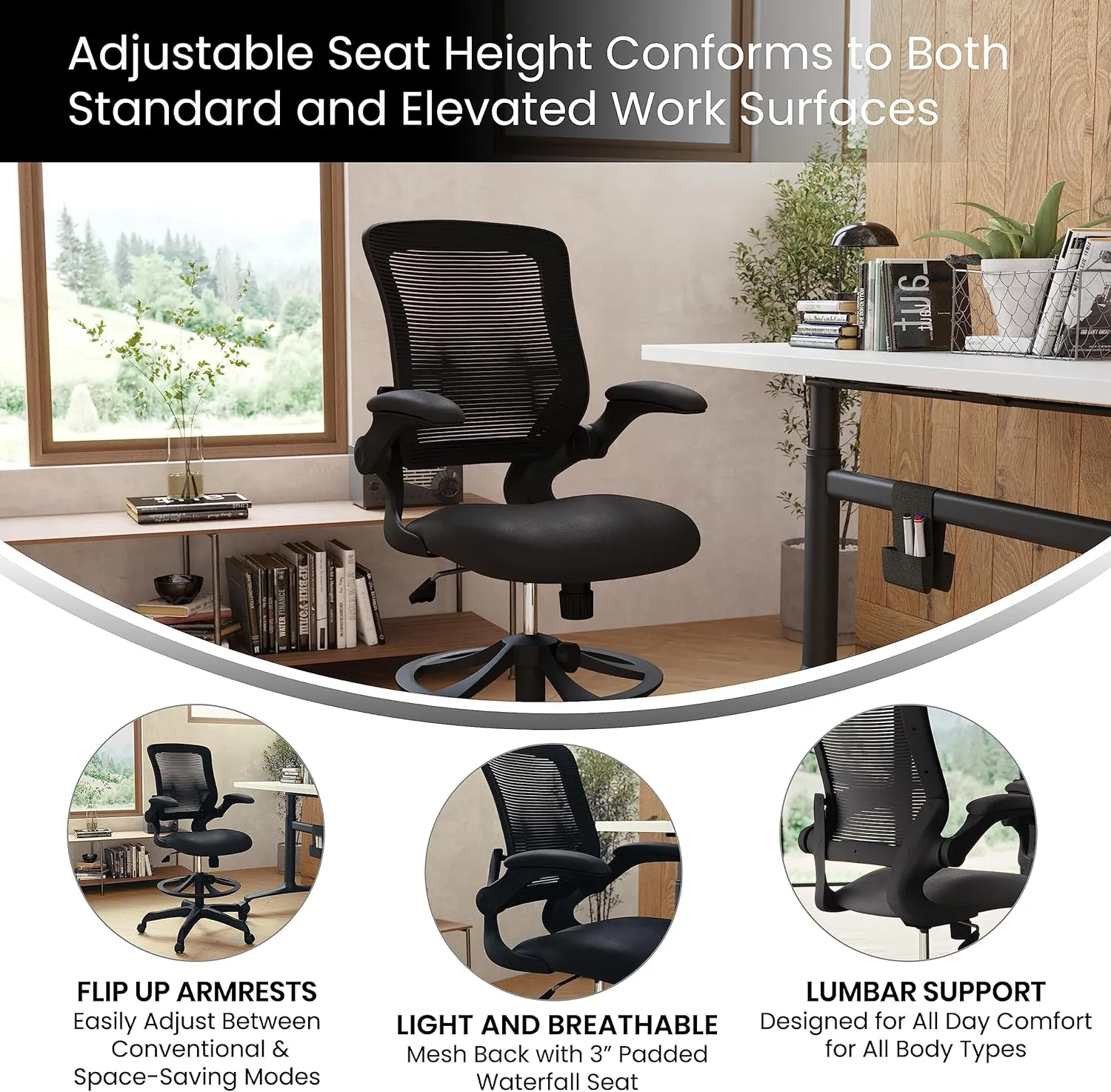Flash Furniture Kale Mid-Back Swivel Office Chair with Adjustable Foot Ring, Lumbar Support, and Seat Height, Ergonomic Mesh Executive Chair, Black