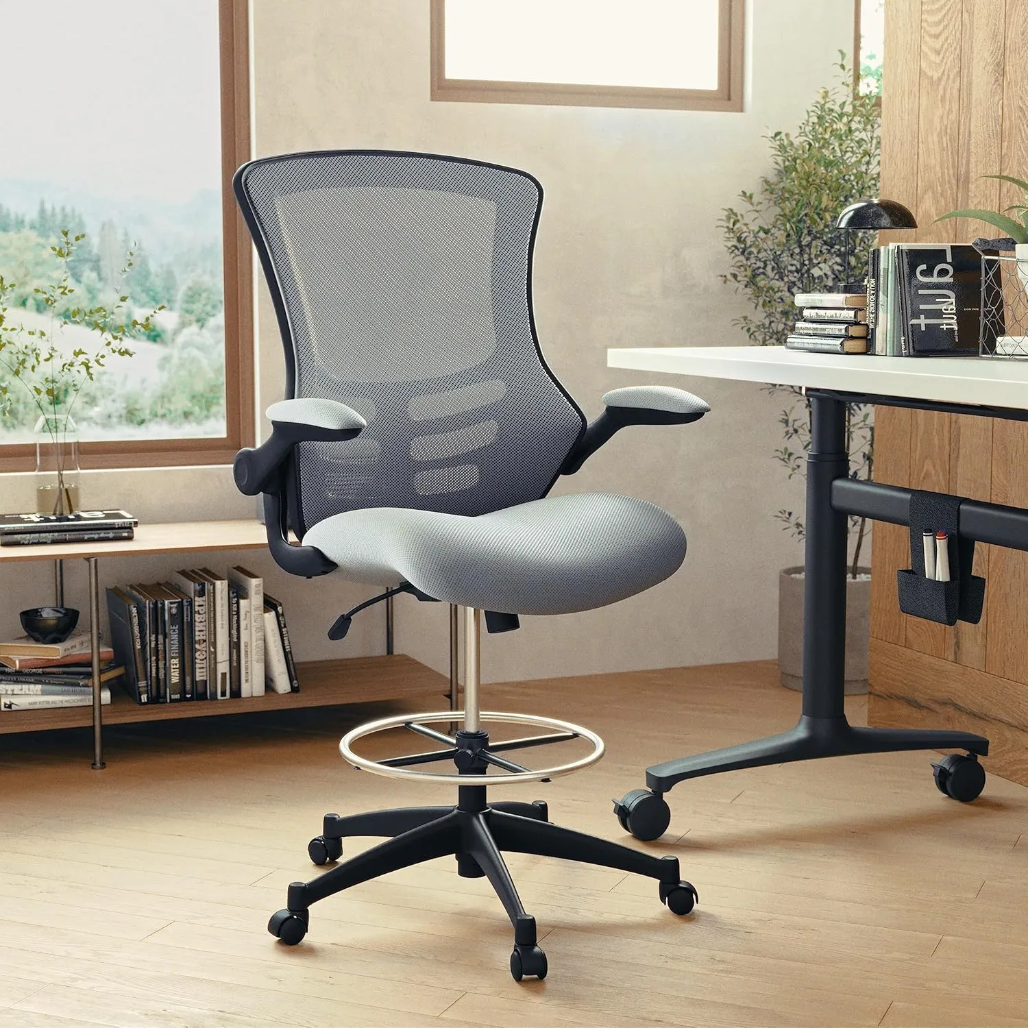 Flash Furniture Kelista Mid-Back Swivel Office Chair with Adjustable Seat Height, Ergonomic Mesh Desk Chair with Flip-Up Armrests, Dark Gray