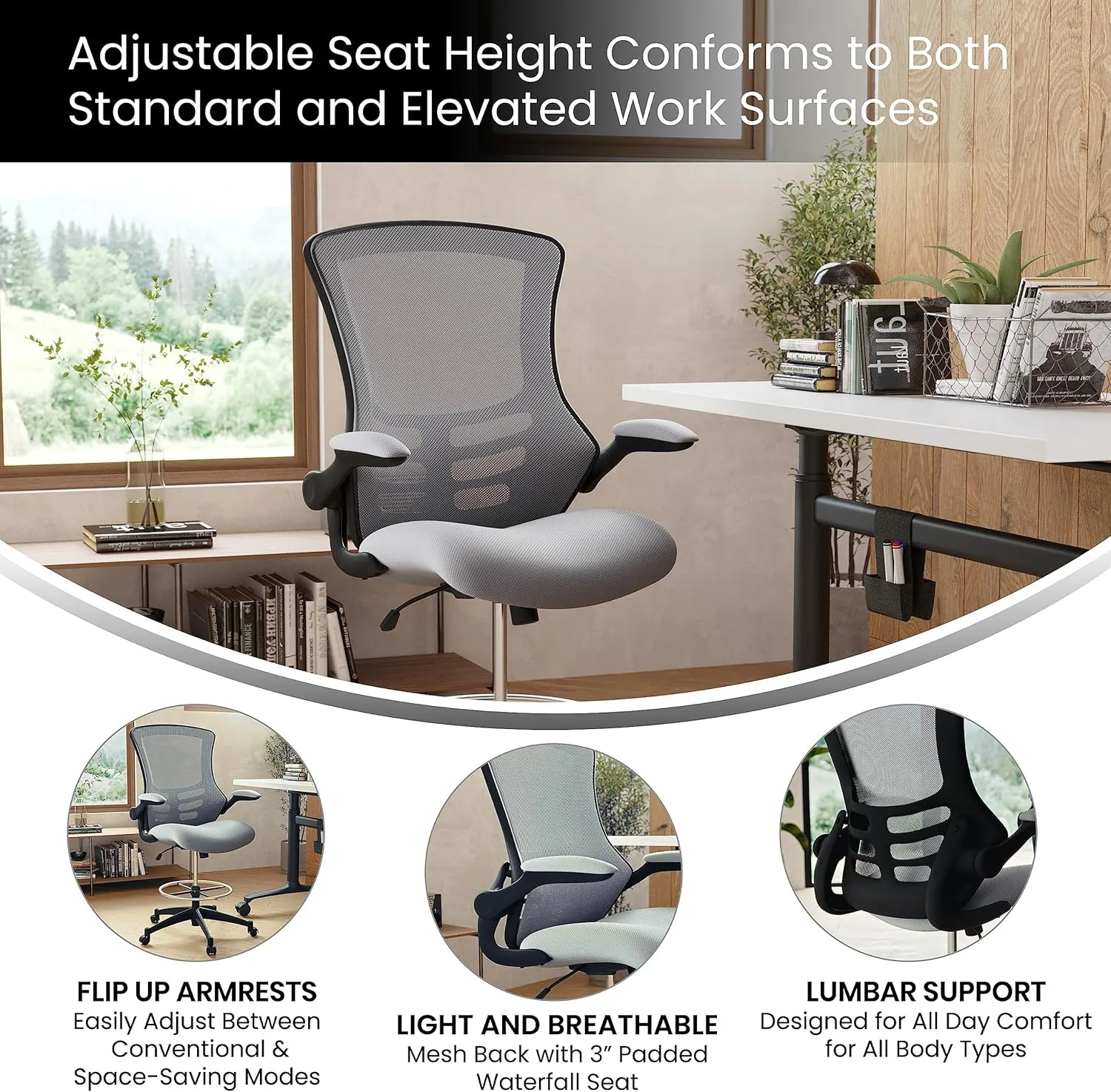 Flash Furniture Kelista Mid-Back Swivel Office Chair with Adjustable Seat Height, Ergonomic Mesh Desk Chair with Flip-Up Armrests, Dark Gray