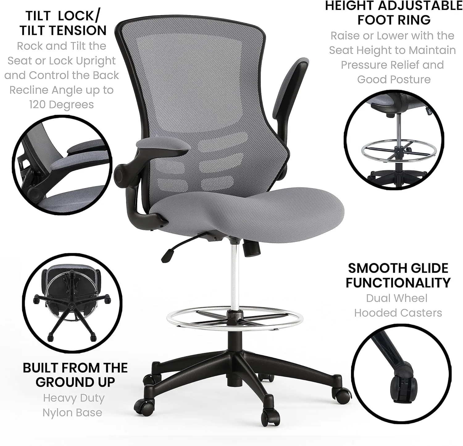 Flash Furniture Kelista Mid-Back Swivel Office Chair with Adjustable Seat Height, Ergonomic Mesh Desk Chair with Flip-Up Armrests, Dark Gray