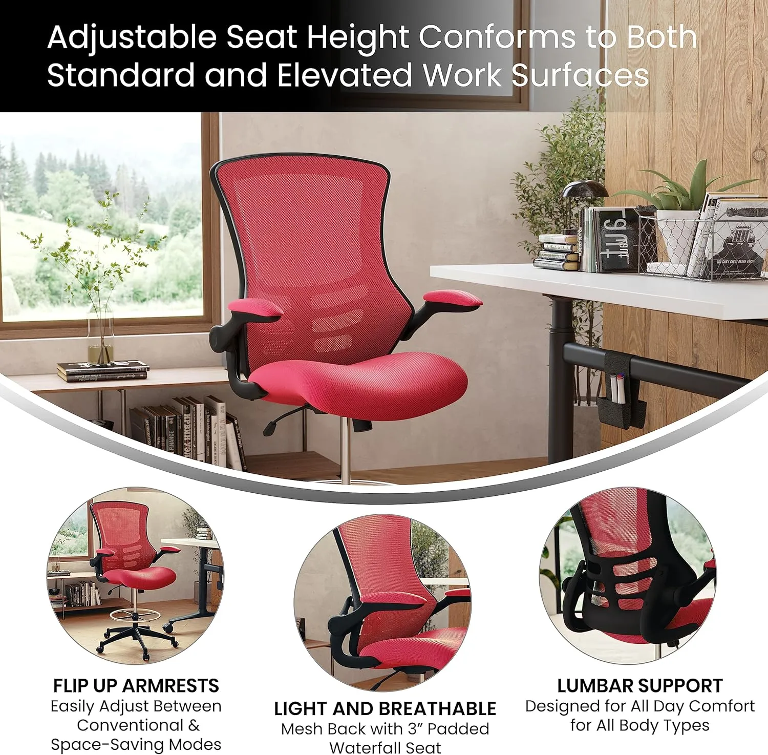 Flash Furniture Kelista Mid-Back Swivel Office Chair with Adjustable Seat Height, Ergonomic Mesh Desk Chair with Flip-Up Armrests, Red