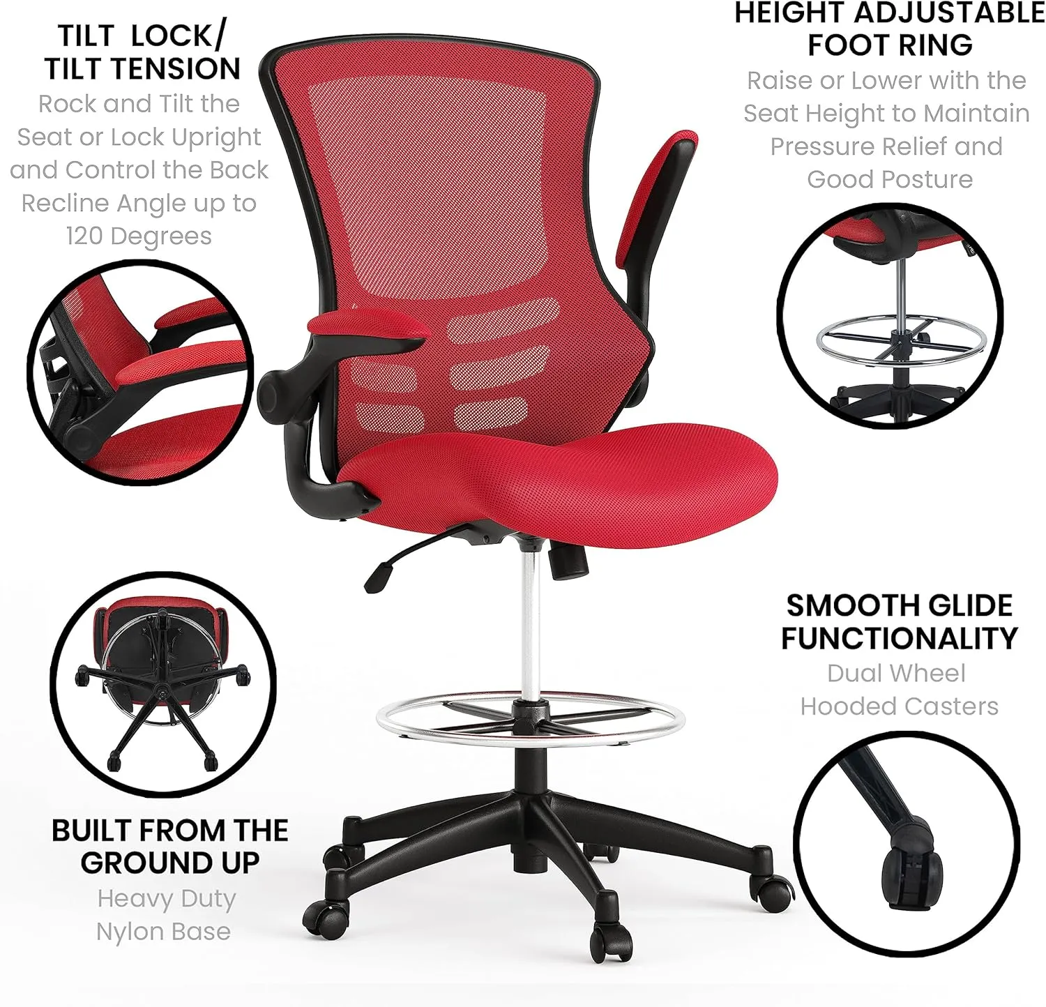 Flash Furniture Kelista Mid-Back Swivel Office Chair with Adjustable Seat Height, Ergonomic Mesh Desk Chair with Flip-Up Armrests, Red