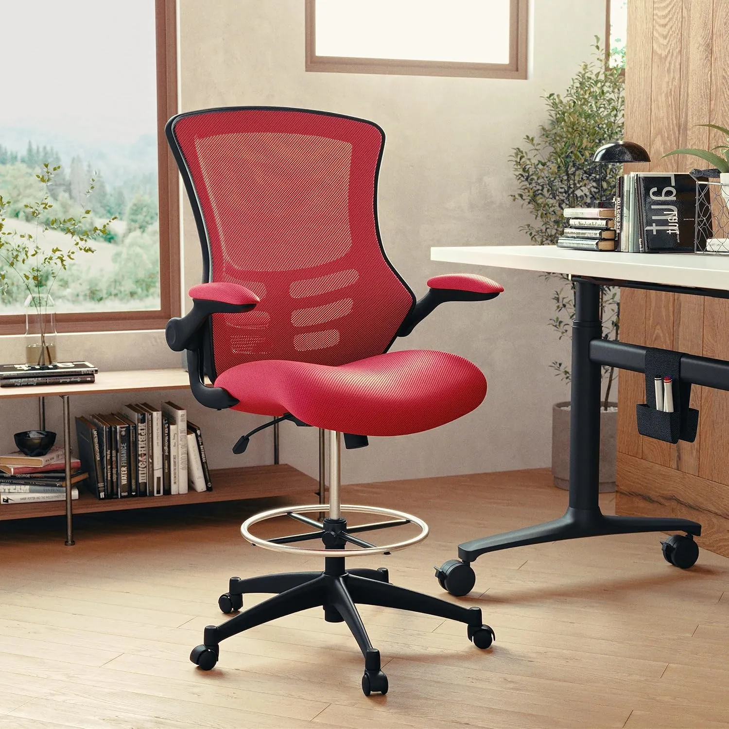 Flash Furniture Kelista Mid-Back Swivel Office Chair with Adjustable Seat Height, Ergonomic Mesh Desk Chair with Flip-Up Armrests, Red