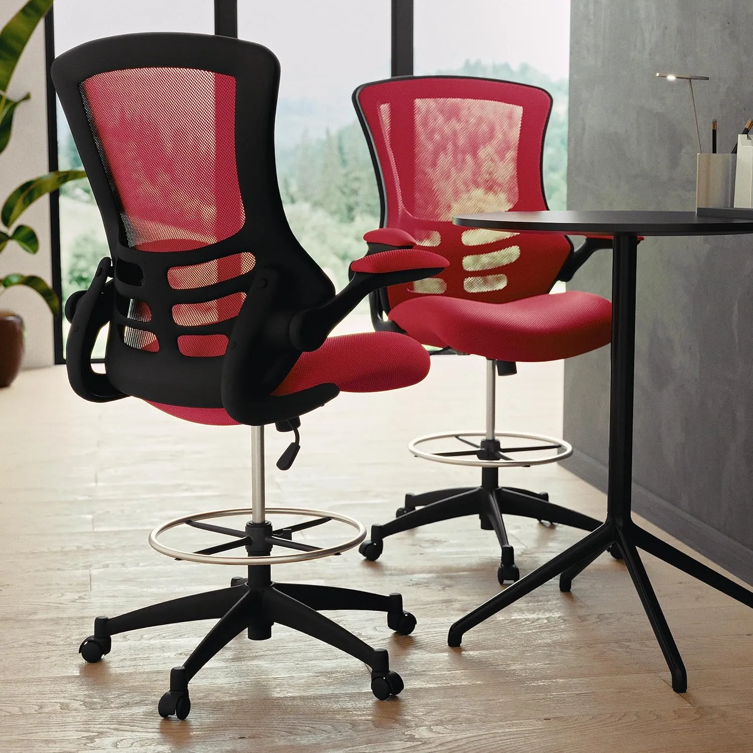 Flash Furniture Kelista Mid-Back Swivel Office Chair with Adjustable Seat Height, Ergonomic Mesh Desk Chair with Flip-Up Armrests, Red