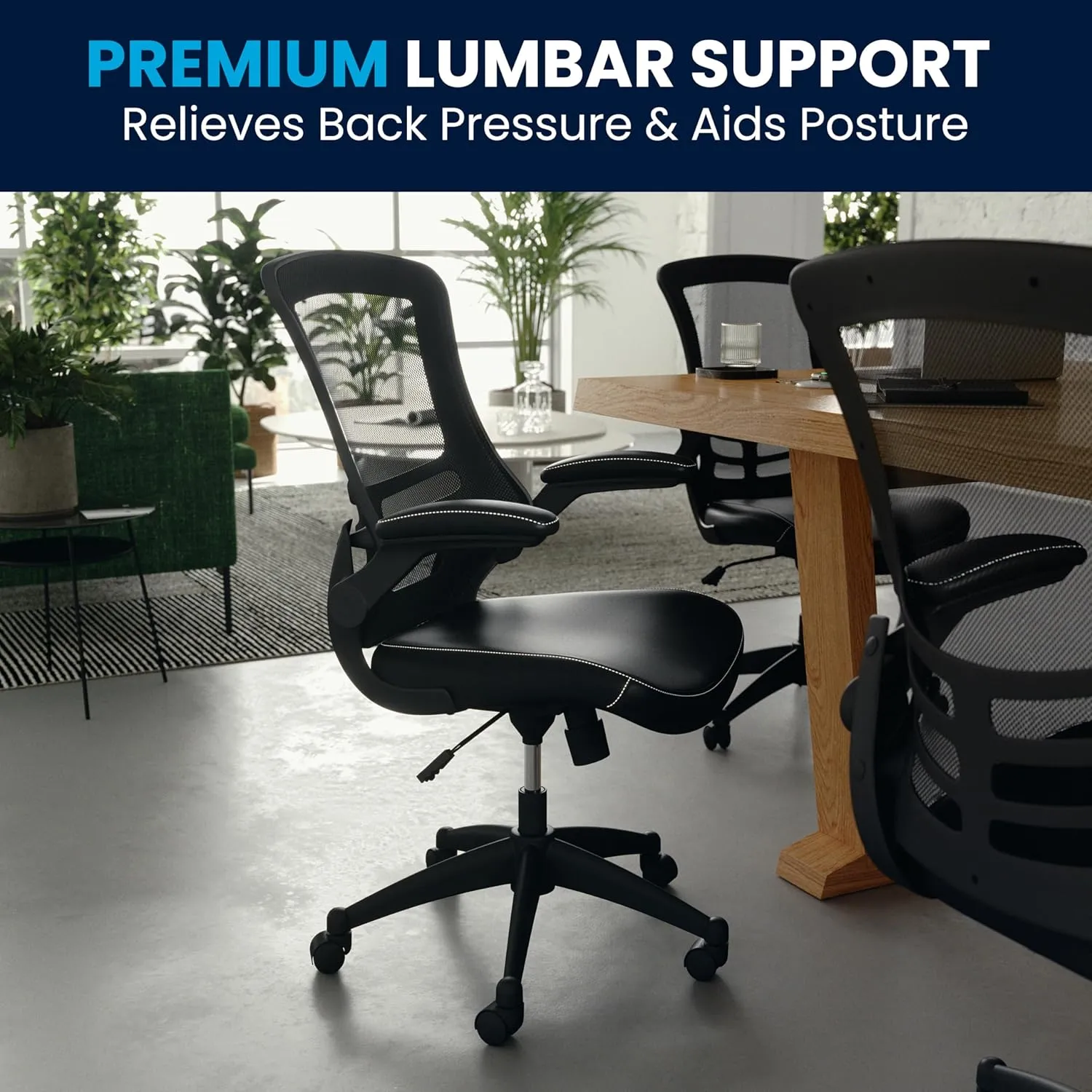 Flash Furniture Kelista Mid-Back Swivel Office Chair with Adjustable Seat Height, Ergonomic Mesh Desk Chair with LeatherSoft Seat, Black