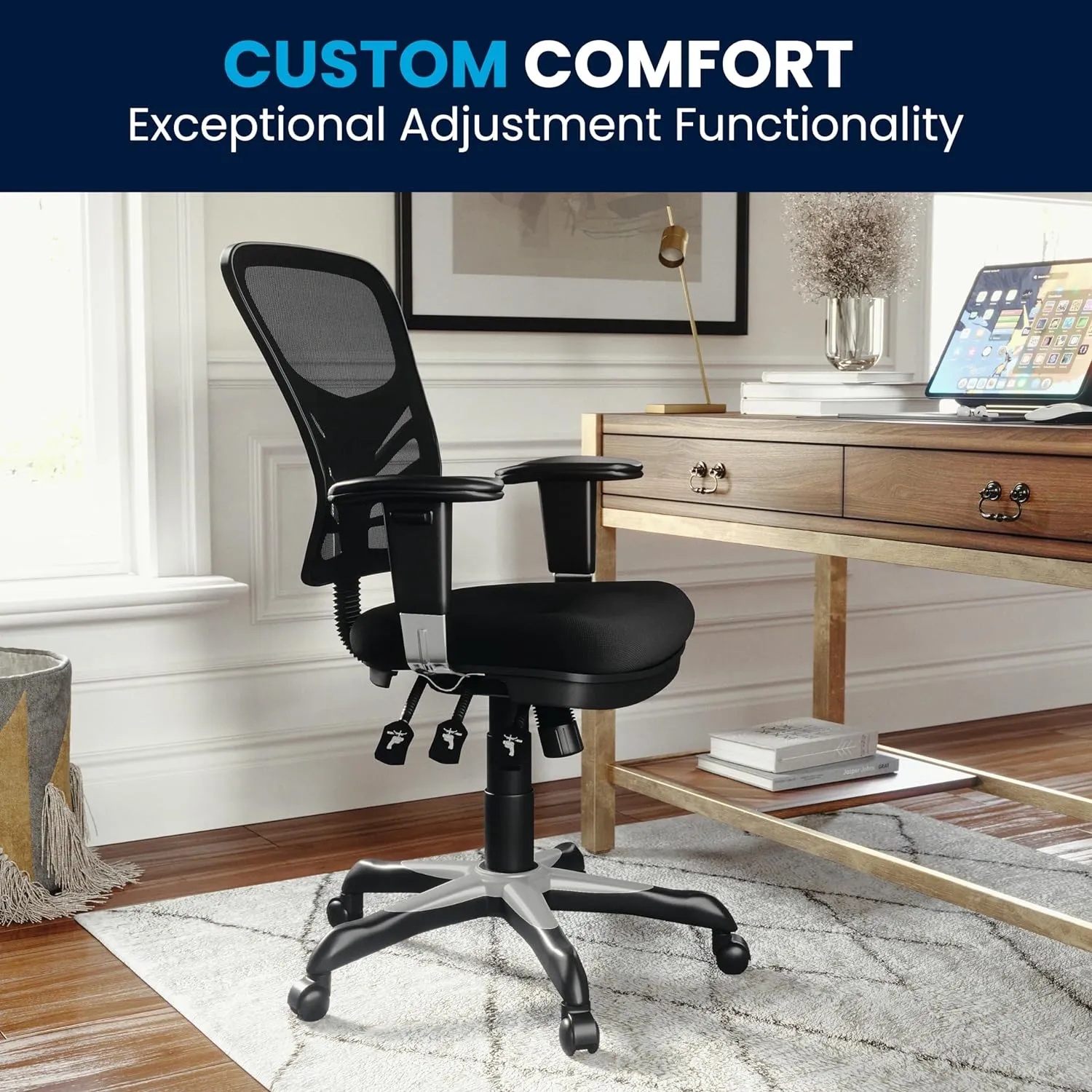 Flash Furniture Nicholas Mid-Back Swivel Office and Gaming Chair, Ergonomic Mesh Office Chair with Adjustable Lumbar Support and Height, Black