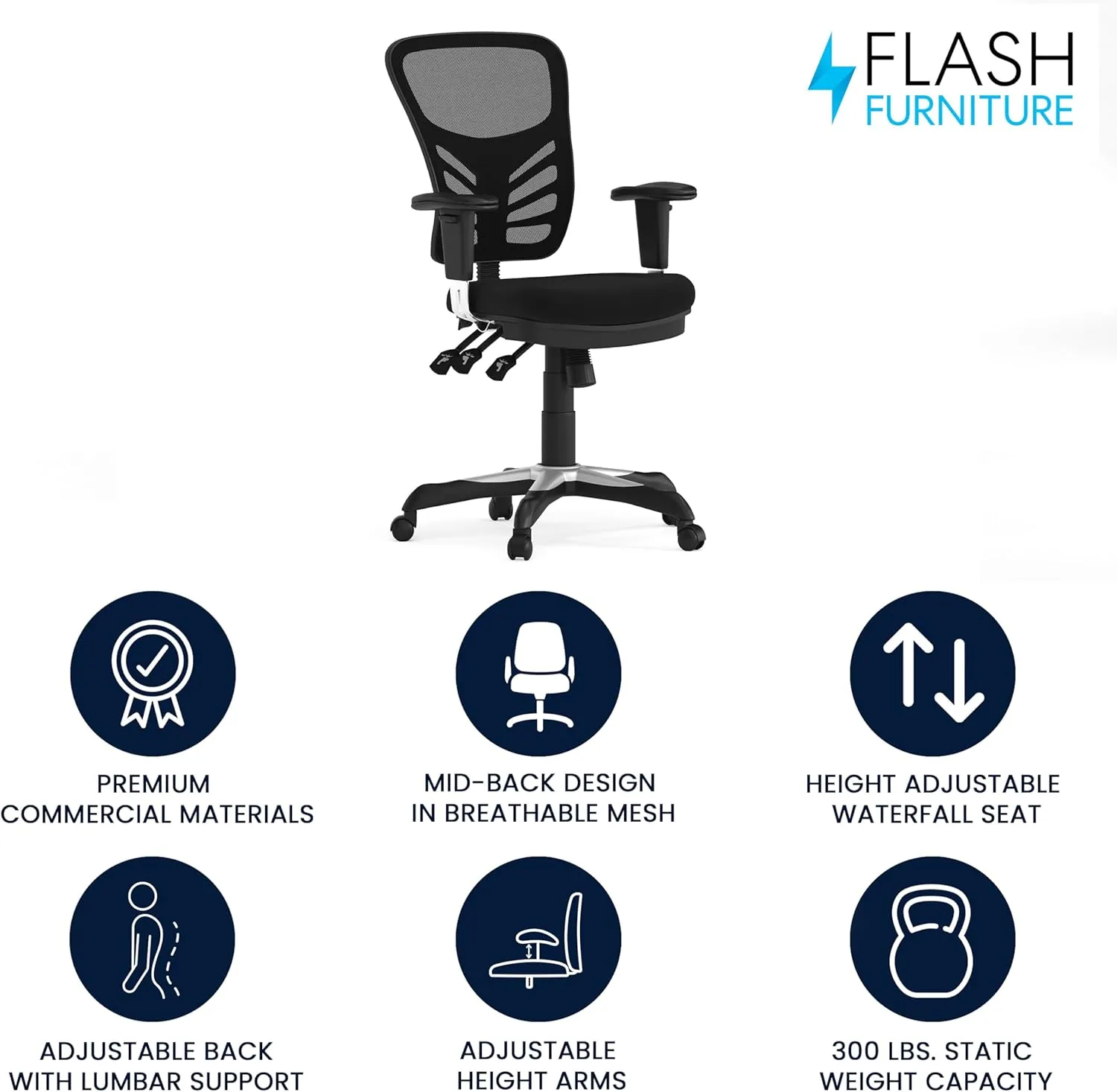 Flash Furniture Nicholas Mid-Back Swivel Office and Gaming Chair, Ergonomic Mesh Office Chair with Adjustable Lumbar Support and Height, Black