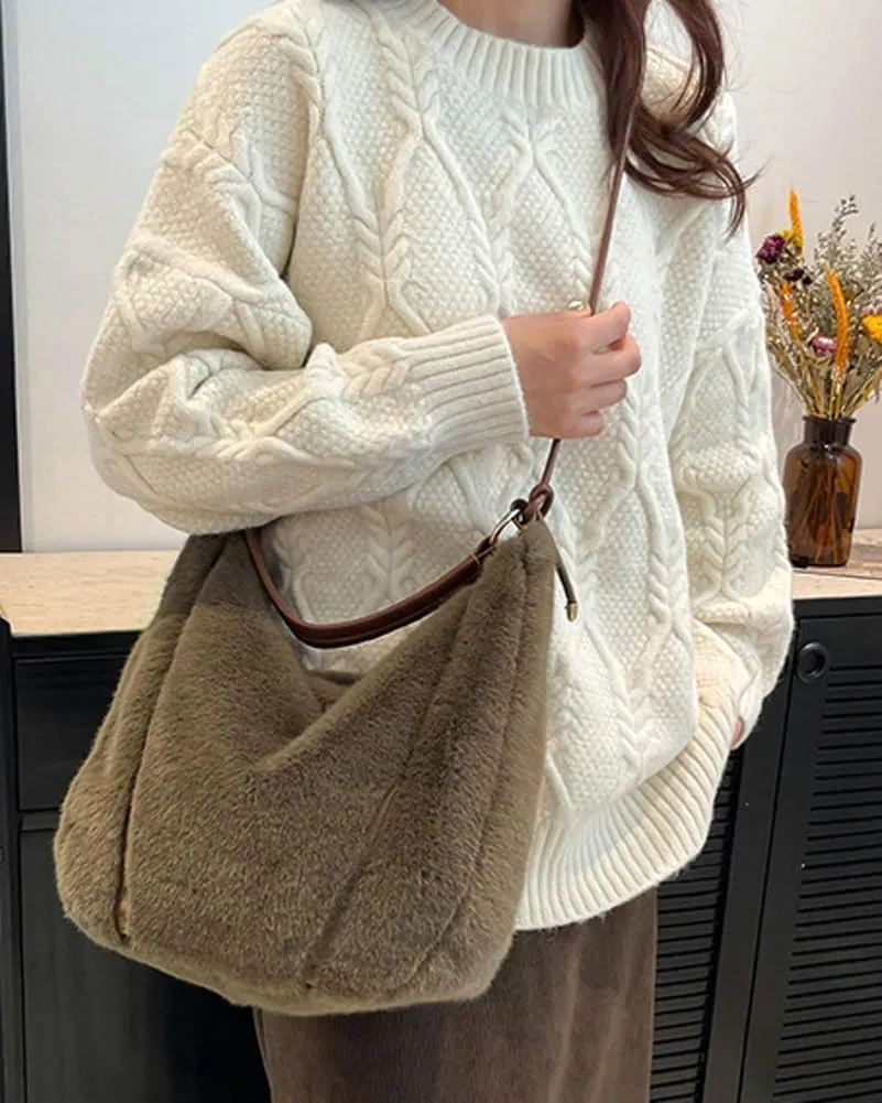 Fluffy Soft Tote Bag for Women Fuzzy Tote Bag Plush Shoulder Handbag Faux Fur Top Handle Purse Travel Work