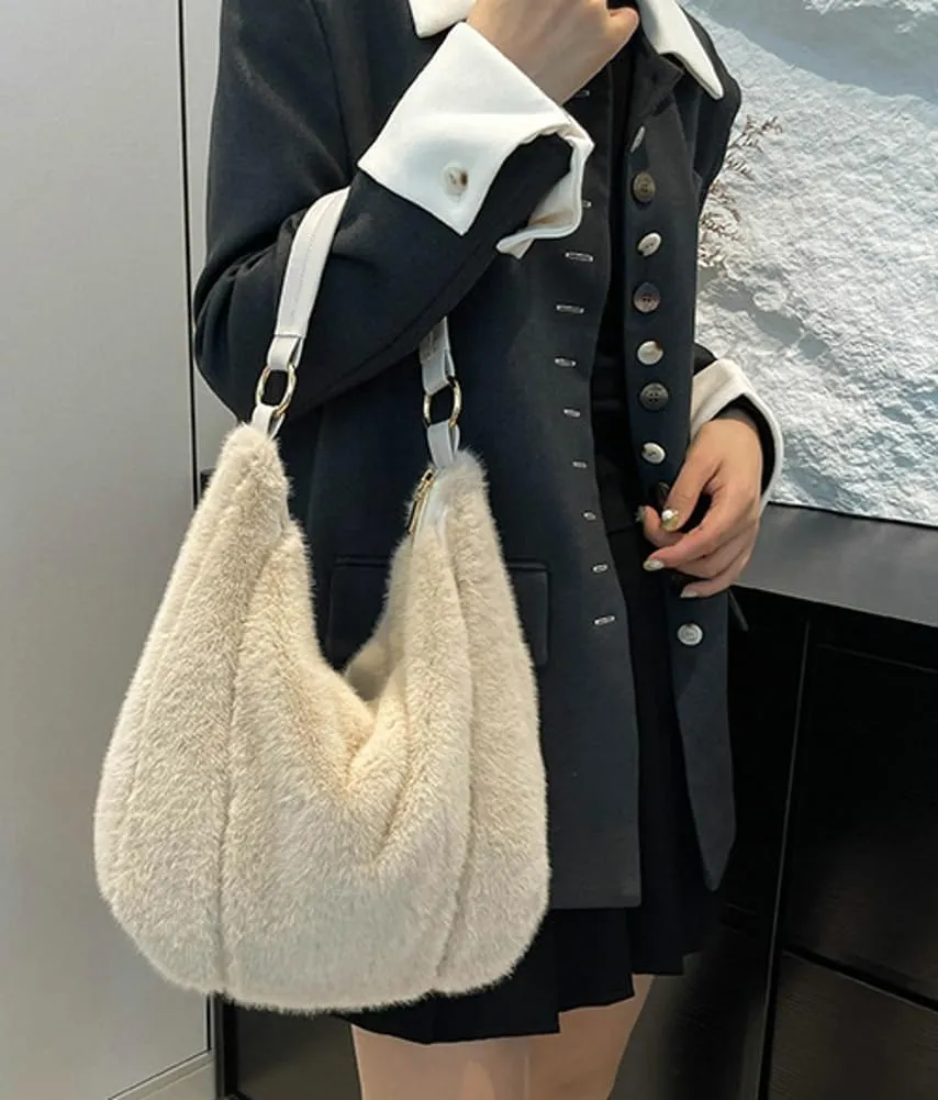 Fluffy Soft Tote Bag for Women Fuzzy Tote Bag Plush Shoulder Handbag Faux Fur Top Handle Purse Travel Work