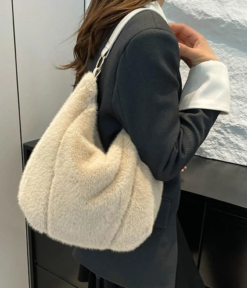 Fluffy Soft Tote Bag for Women Fuzzy Tote Bag Plush Shoulder Handbag Faux Fur Top Handle Purse Travel Work