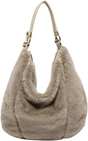 Fluffy Soft Tote Bag for Women Fuzzy Tote Bag Plush Shoulder Handbag Faux Fur Top Handle Purse Travel Work