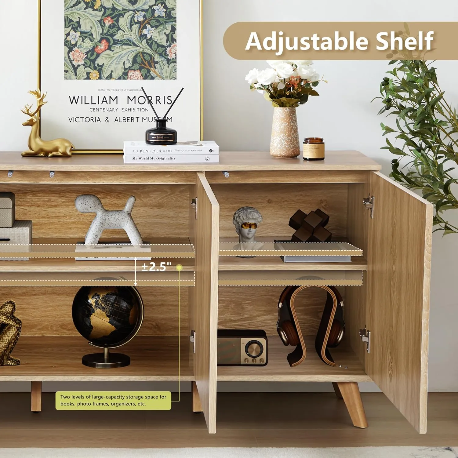 Fluted Sideboard Buffet Cabinet with Storage, Modern Storage Cabinet with 3 Doors, Wood Credenza Buffet Sideboards, Bar Cabinet Console Table for Kitchen Dining Living Room Entryway (Natural)