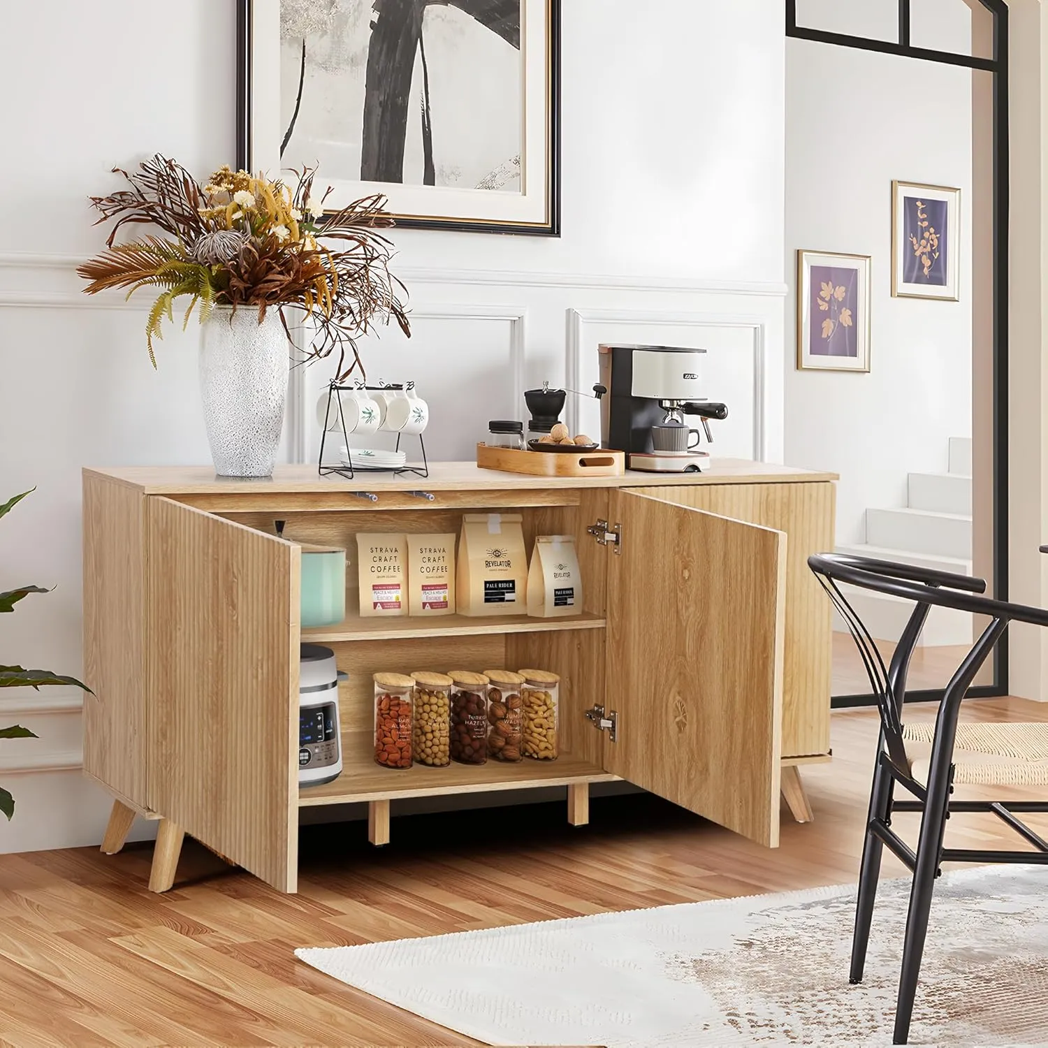 Fluted Sideboard Buffet Cabinet with Storage, Modern Storage Cabinet with 3 Doors, Wood Credenza Buffet Sideboards, Bar Cabinet Console Table for Kitchen Dining Living Room Entryway (Natural)