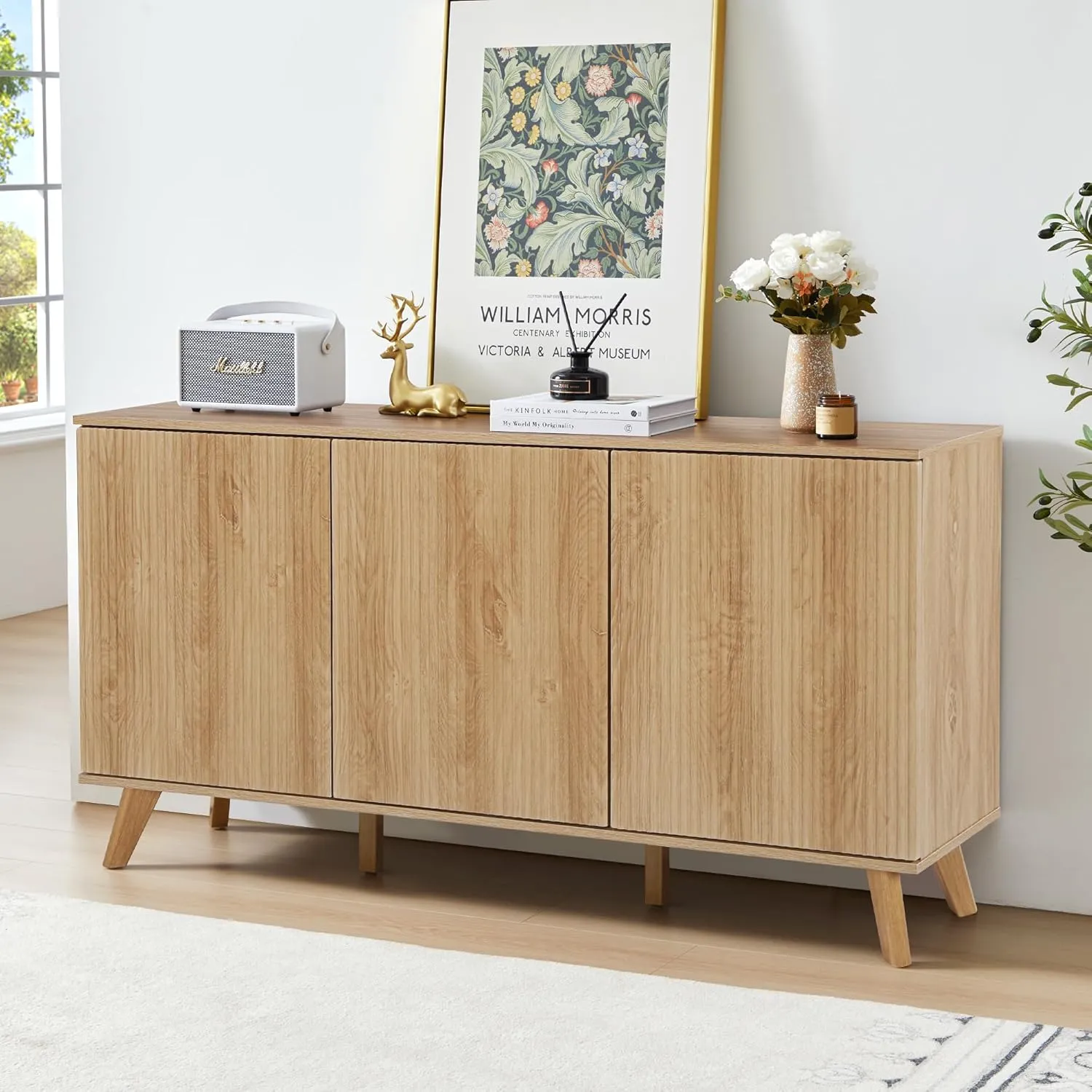 Fluted Sideboard Buffet Cabinet with Storage, Modern Storage Cabinet with 3 Doors, Wood Credenza Buffet Sideboards, Bar Cabinet Console Table for Kitchen Dining Living Room Entryway (Natural)