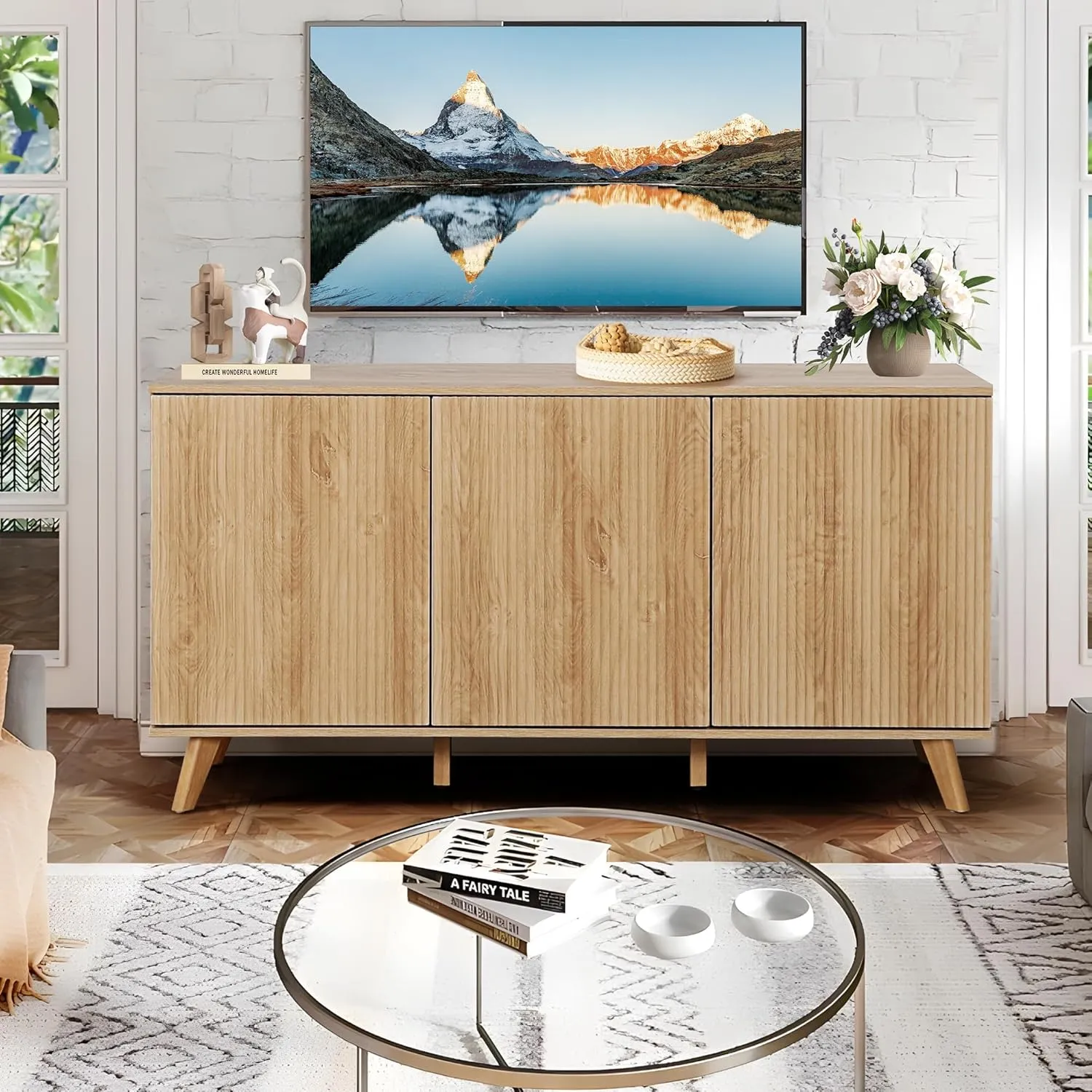 Fluted Sideboard Buffet Cabinet with Storage, Modern Storage Cabinet with 3 Doors, Wood Credenza Buffet Sideboards, Bar Cabinet Console Table for Kitchen Dining Living Room Entryway (Natural)