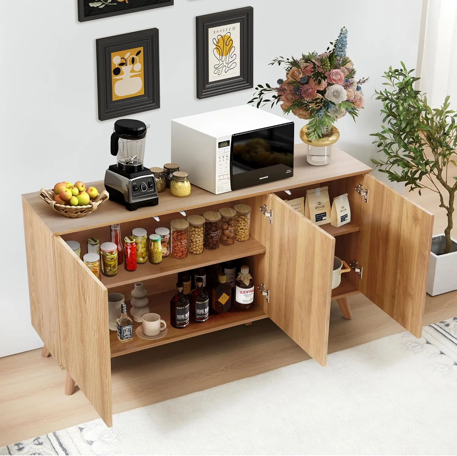 Fluted Sideboard Buffet Cabinet with Storage, Modern Storage Cabinet with 3 Doors, Wood Credenza Buffet Sideboards, Bar Cabinet Console Table for Kitchen Dining Living Room Entryway (Natural)