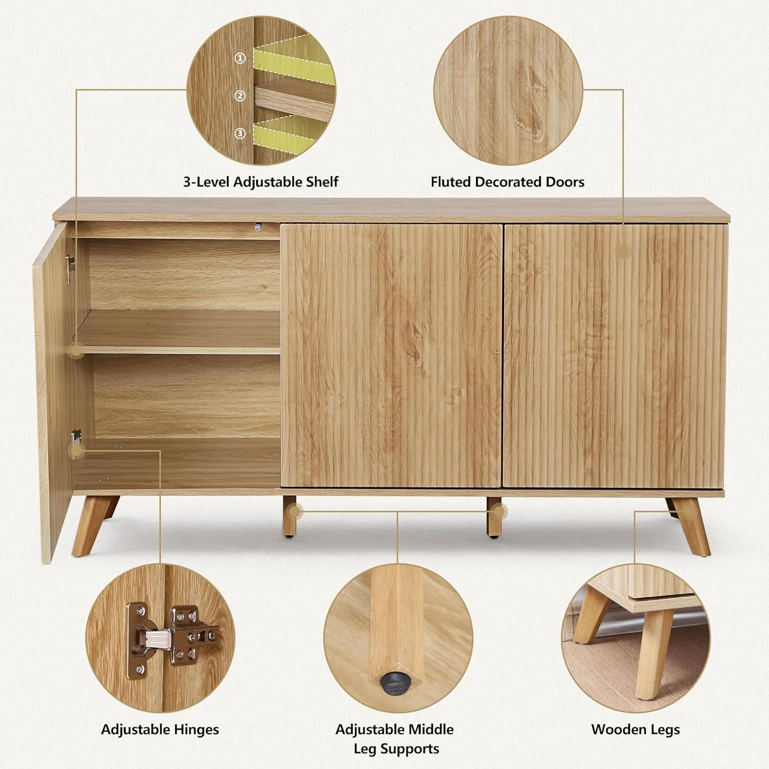 Fluted Sideboard Buffet Cabinet with Storage, Modern Storage Cabinet with 3 Doors, Wood Credenza Buffet Sideboards, Bar Cabinet Console Table for Kitchen Dining Living Room Entryway (Natural)