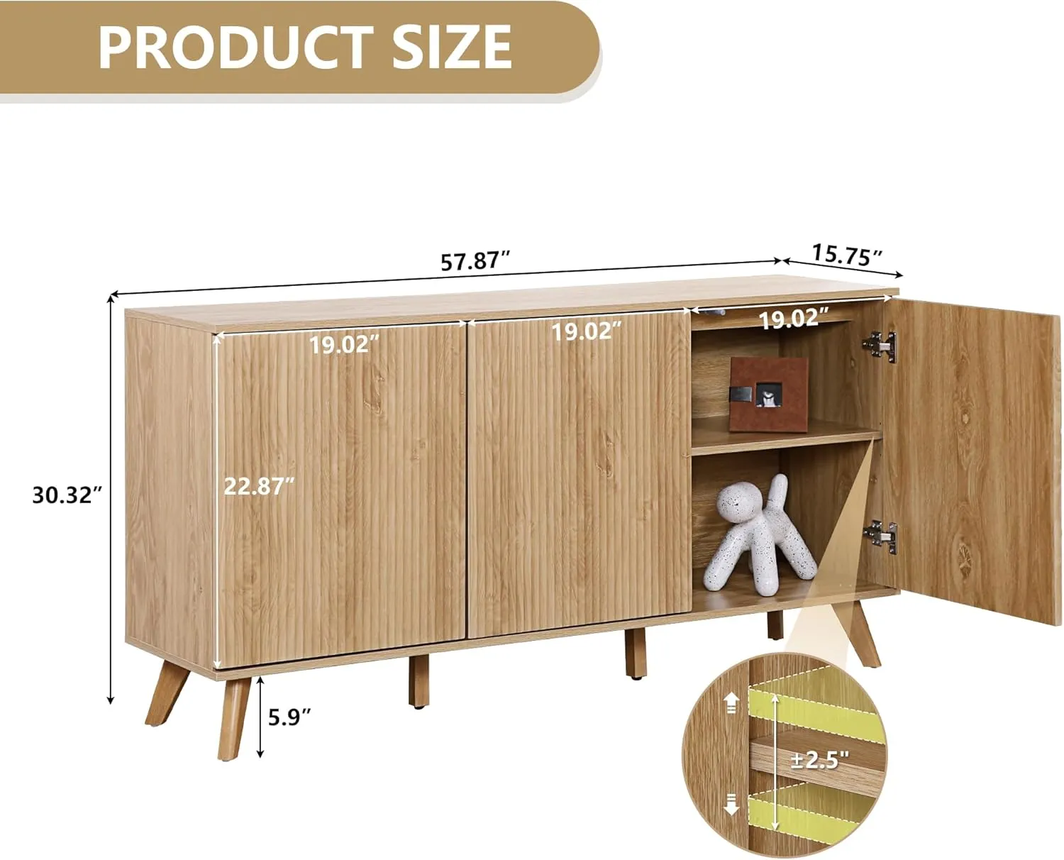 Fluted Sideboard Buffet Cabinet with Storage, Modern Storage Cabinet with 3 Doors, Wood Credenza Buffet Sideboards, Bar Cabinet Console Table for Kitchen Dining Living Room Entryway (Natural)