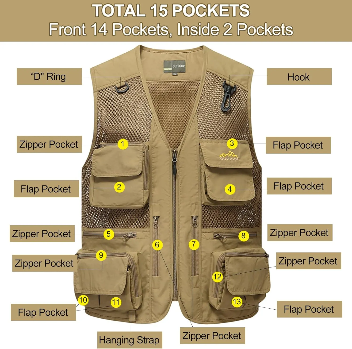 Flygo Men's Utility Cargo Vest Outdoor Fishing Safari Travel Work Photo Vest with Pockets