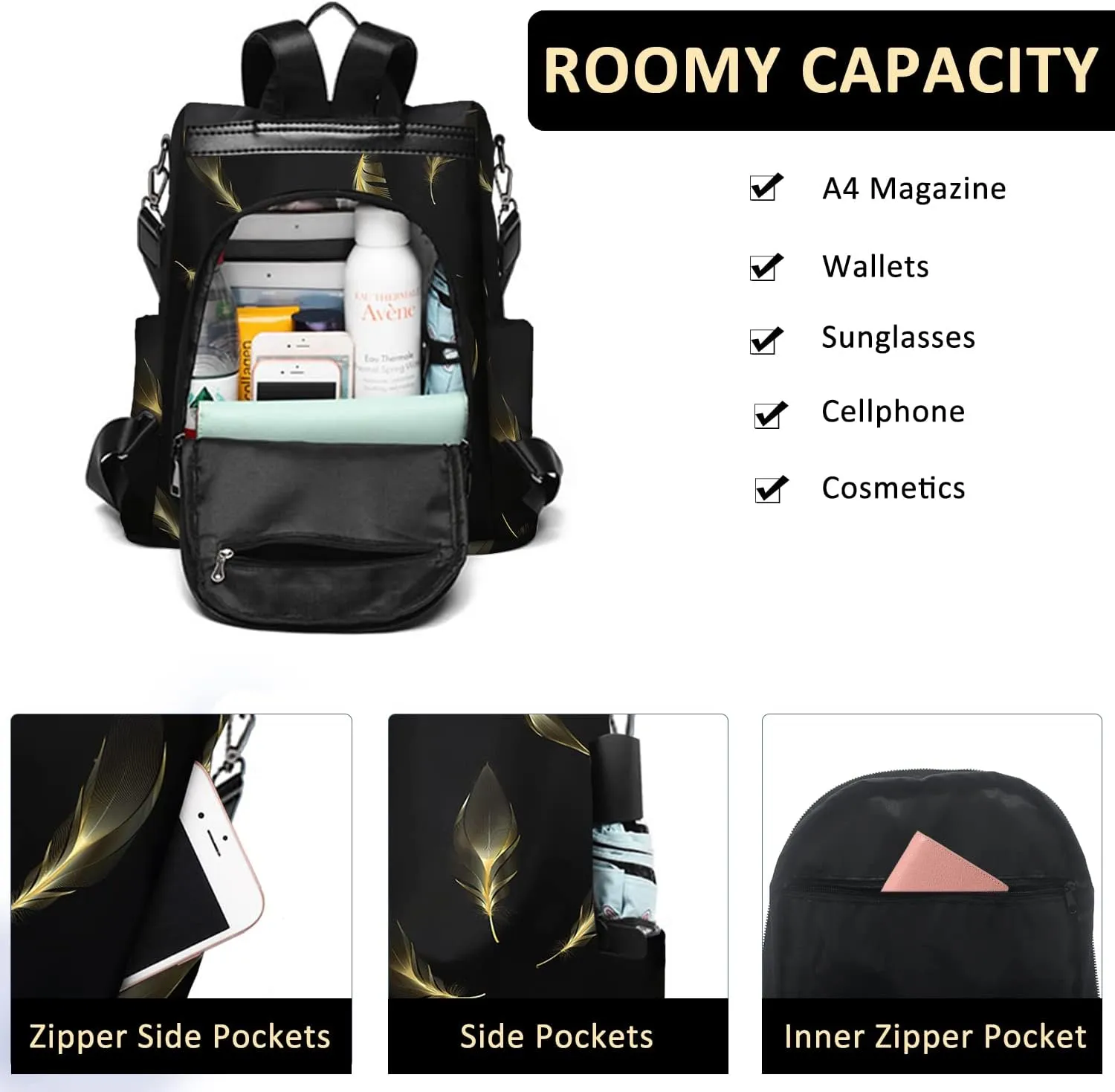 Fmeida Travel Backpack Purse for Women Anti Theft Convertible Backpacks Fashion Waterptoof Nylon Daypack Black Feather