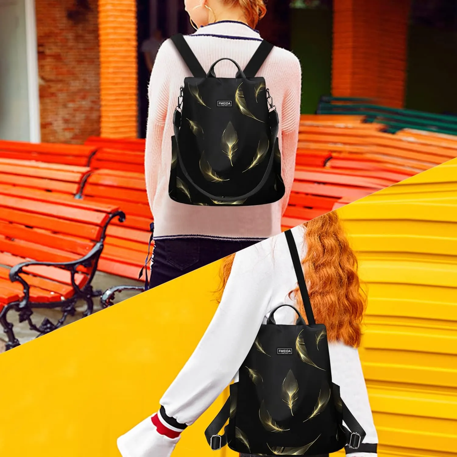 Fmeida Travel Backpack Purse for Women Anti Theft Convertible Backpacks Fashion Waterptoof Nylon Daypack Black Feather