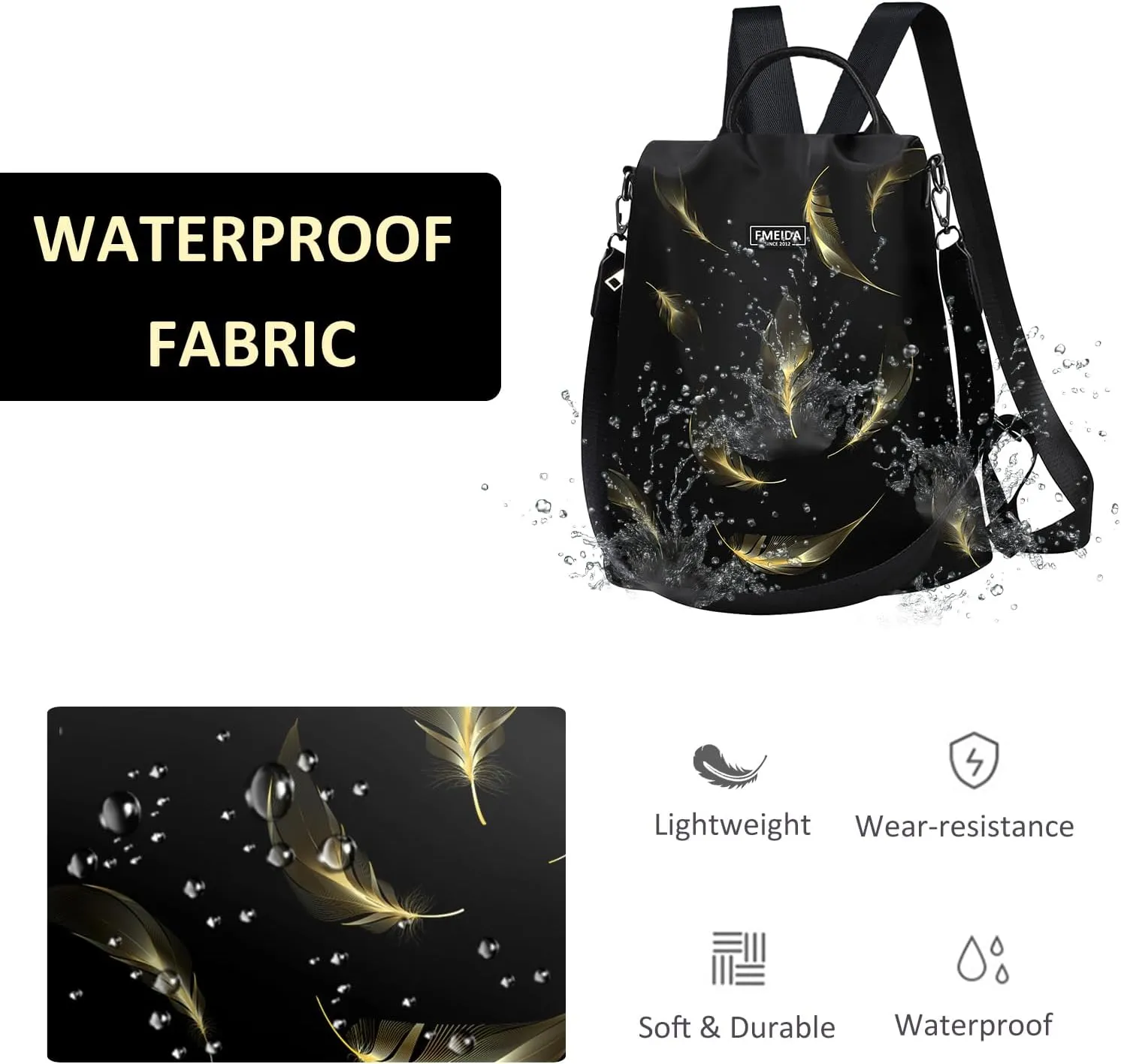 Fmeida Travel Backpack Purse for Women Anti Theft Convertible Backpacks Fashion Waterptoof Nylon Daypack Black Feather