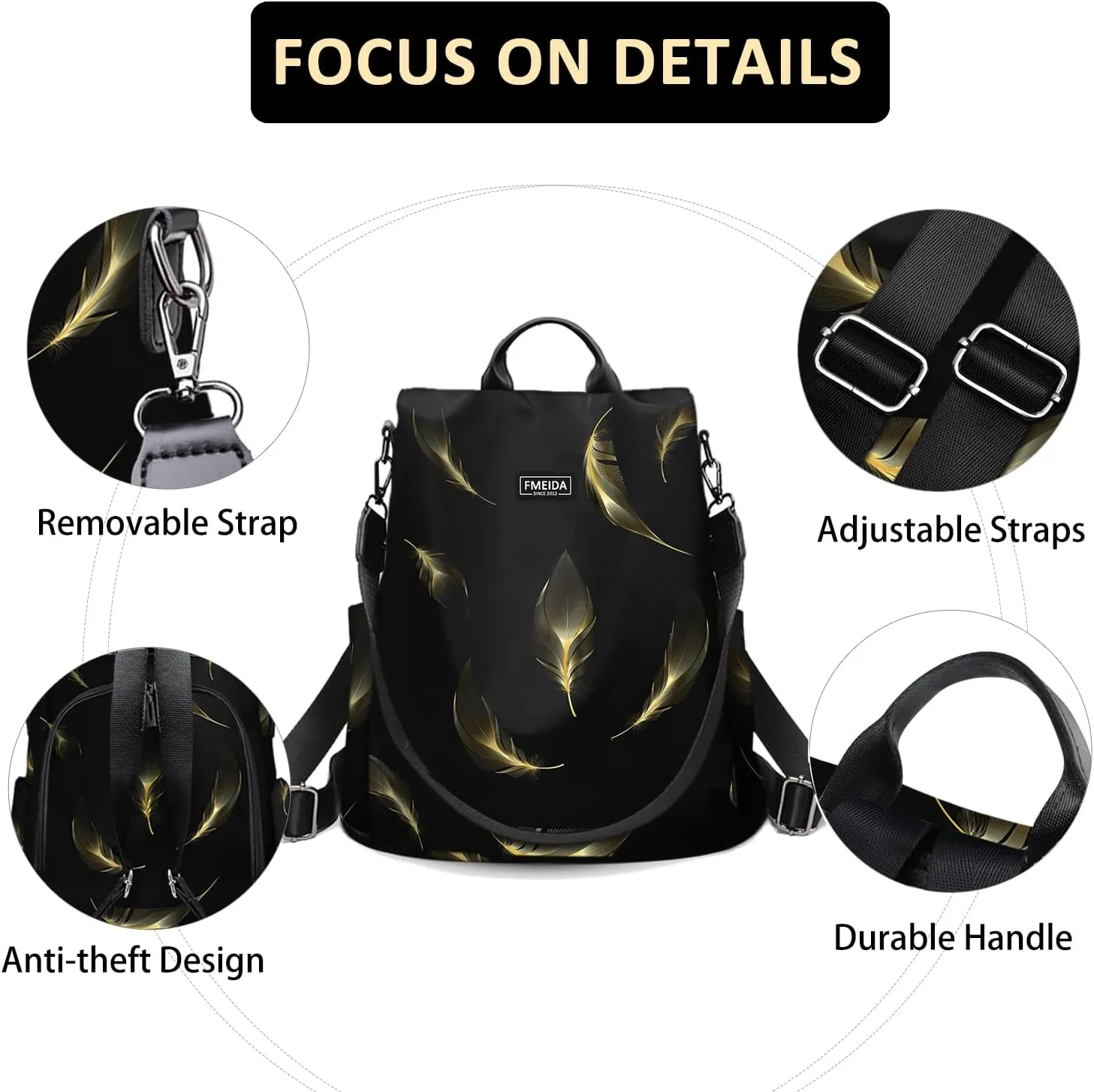 Fmeida Travel Backpack Purse for Women Anti Theft Convertible Backpacks Fashion Waterptoof Nylon Daypack Black Feather