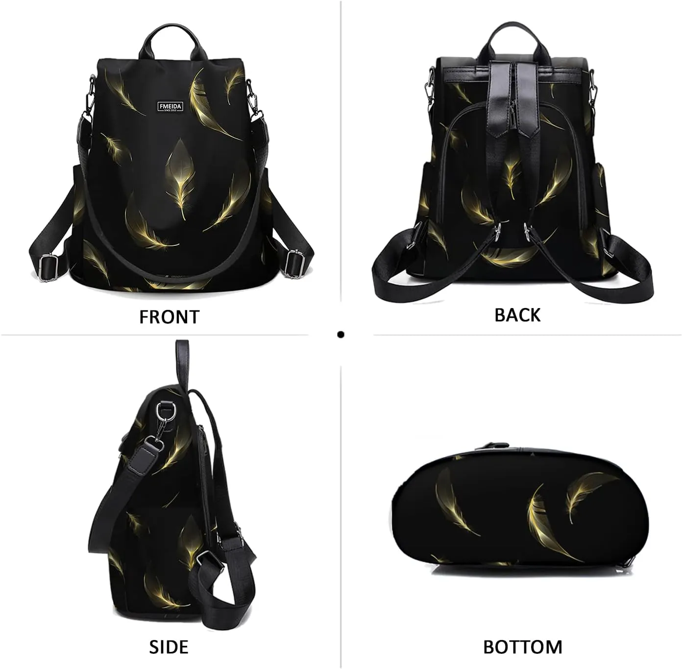 Fmeida Travel Backpack Purse for Women Anti Theft Convertible Backpacks Fashion Waterptoof Nylon Daypack Black Feather