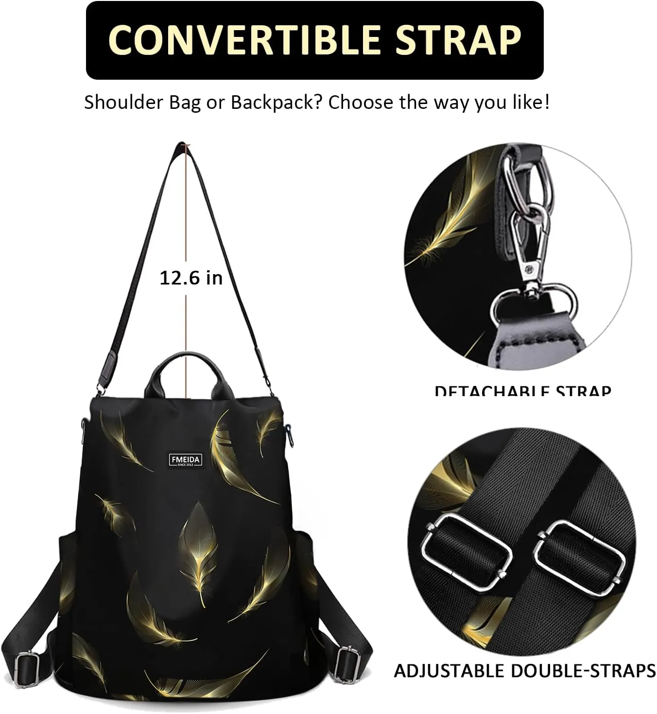 Fmeida Travel Backpack Purse for Women Anti Theft Convertible Backpacks Fashion Waterptoof Nylon Daypack Black Feather