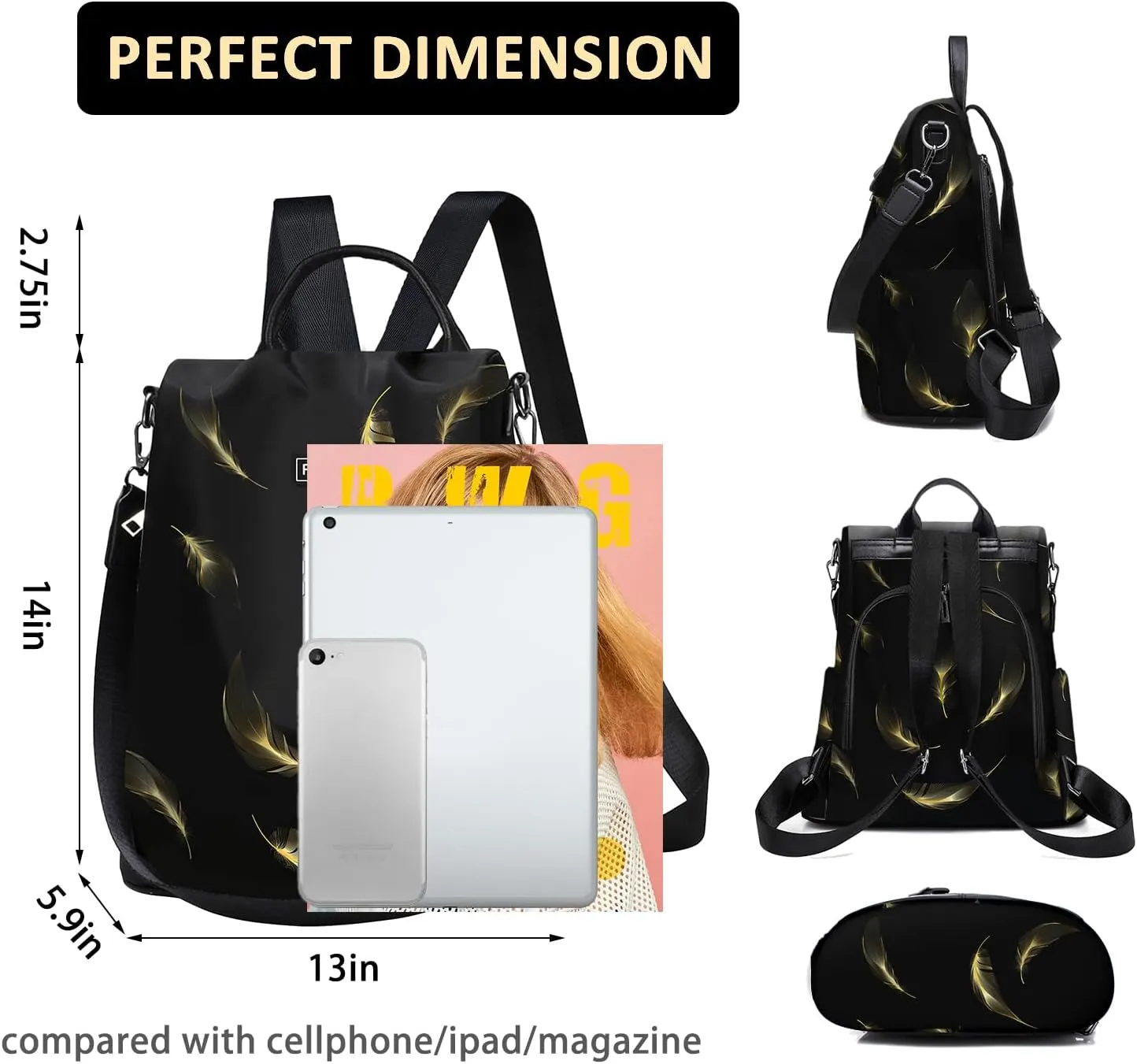 Fmeida Travel Backpack Purse for Women Anti Theft Convertible Backpacks Fashion Waterptoof Nylon Daypack Black Feather