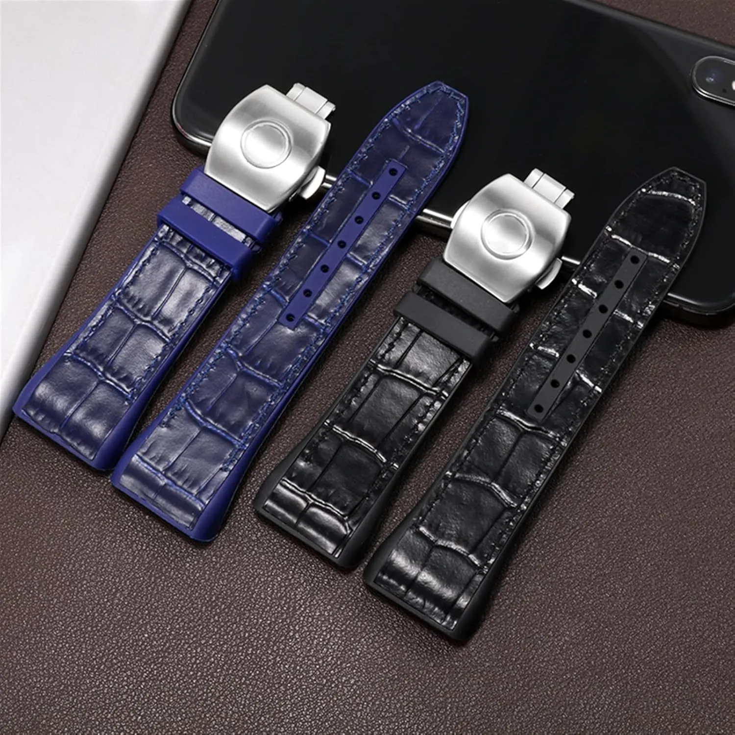 For Franck Muller V45 Series 28mm Nylon Genuine Leather Silicone Watchband Black Blue Folding Buckle Watch Strap