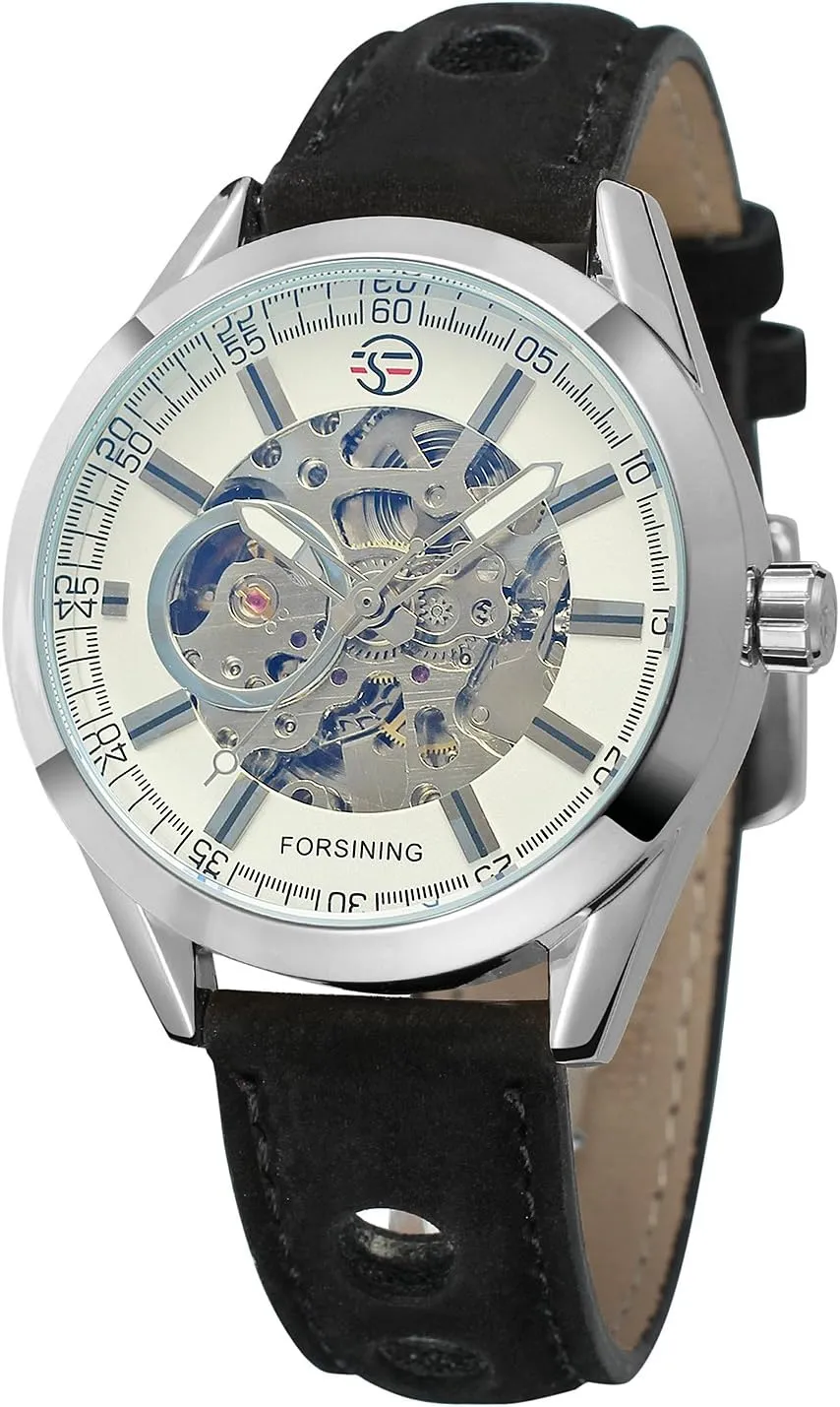 FORSINING Men's Exposed Mechanical Vintage Skeleton Clock Male Antique Steampunk Automatic Leather Watches